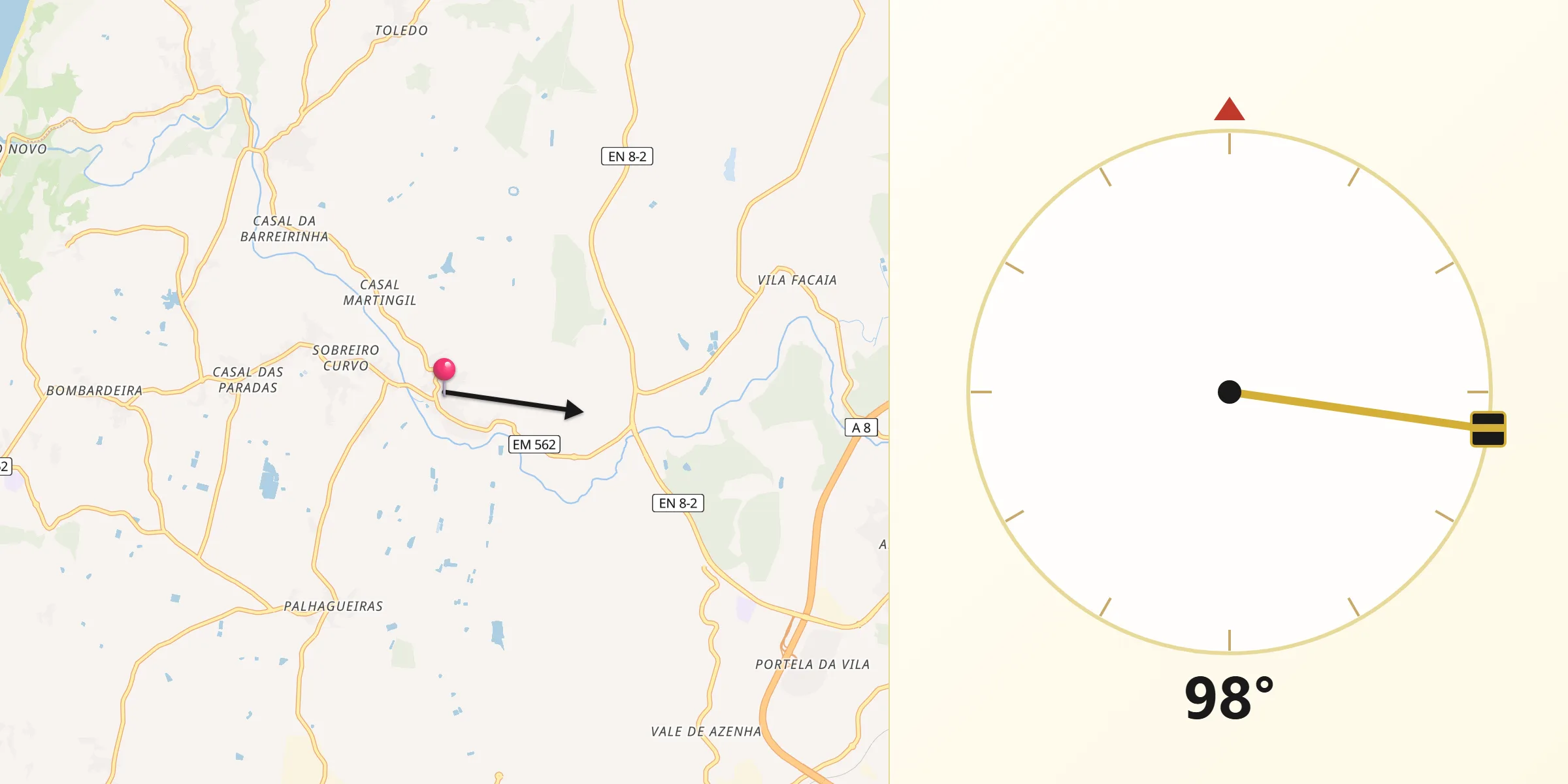 Direção da Qibla a partir de A dos Cunhados