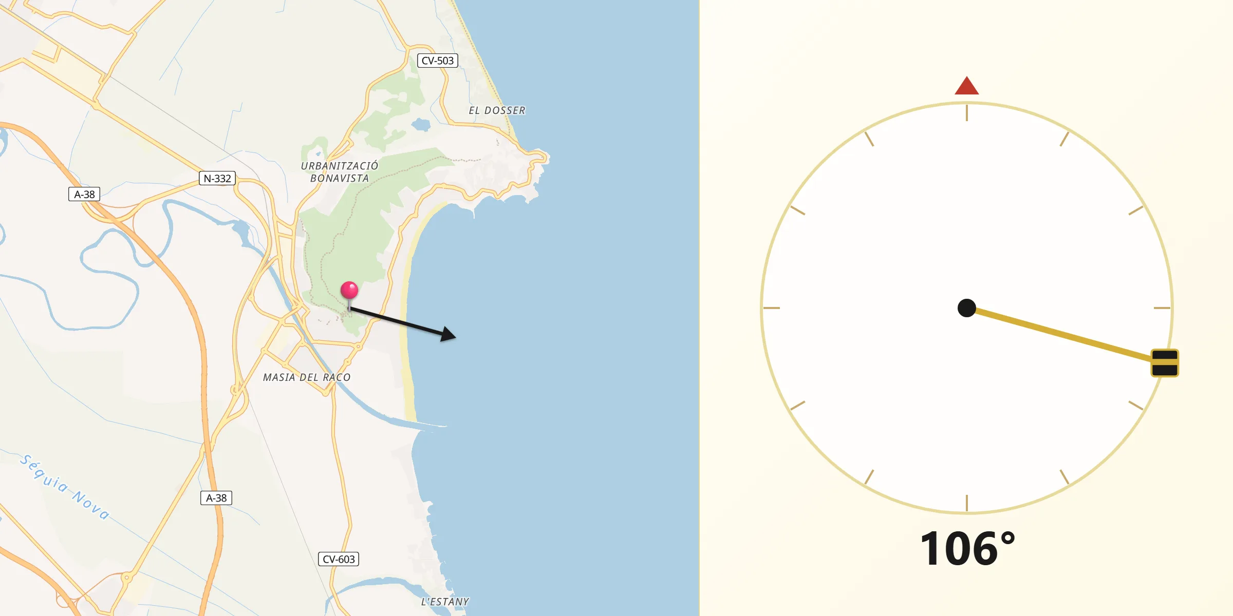 Dirección de la Qibla desde Cullera