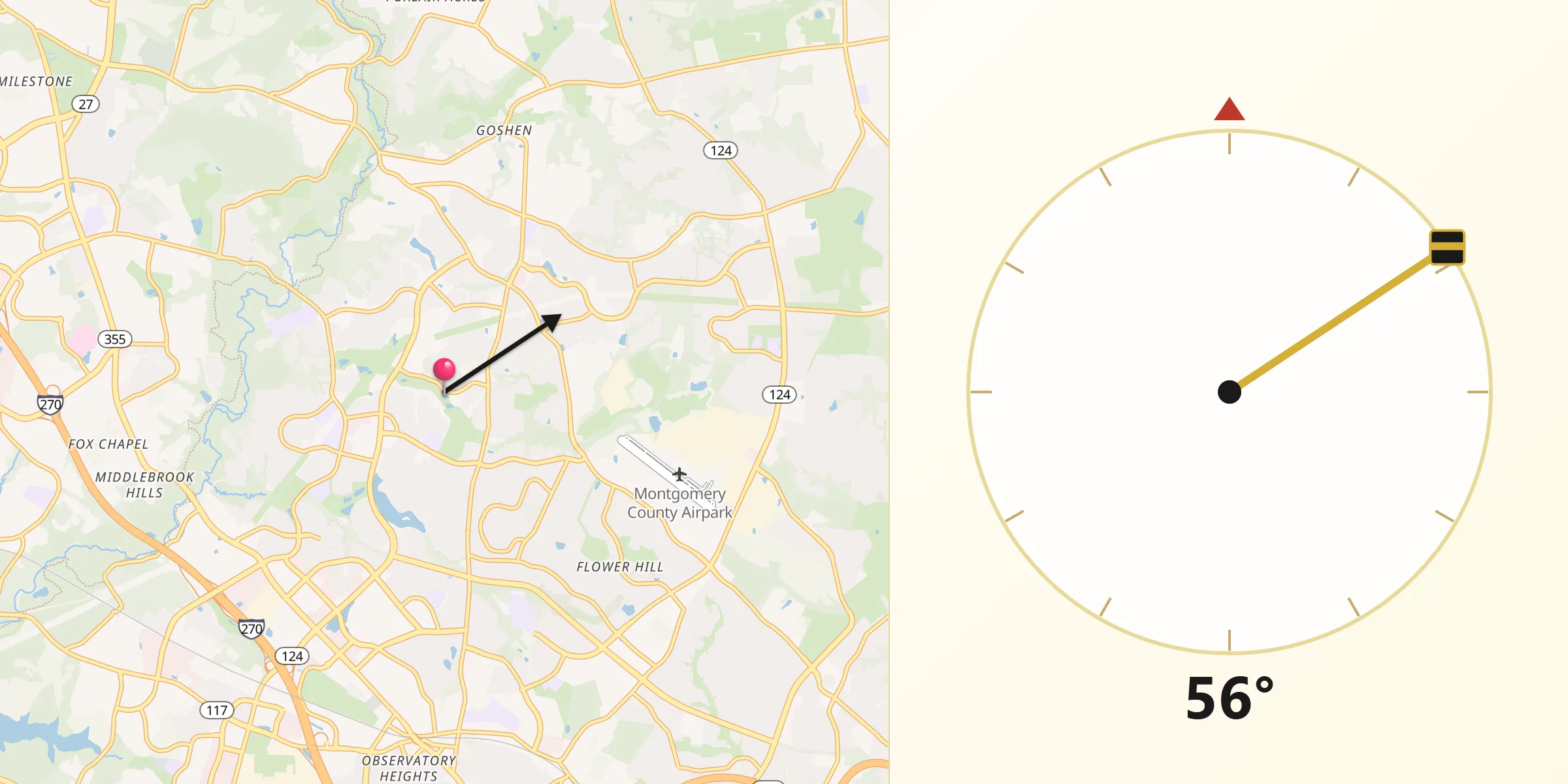 Qibla Direction from Montgomery Village