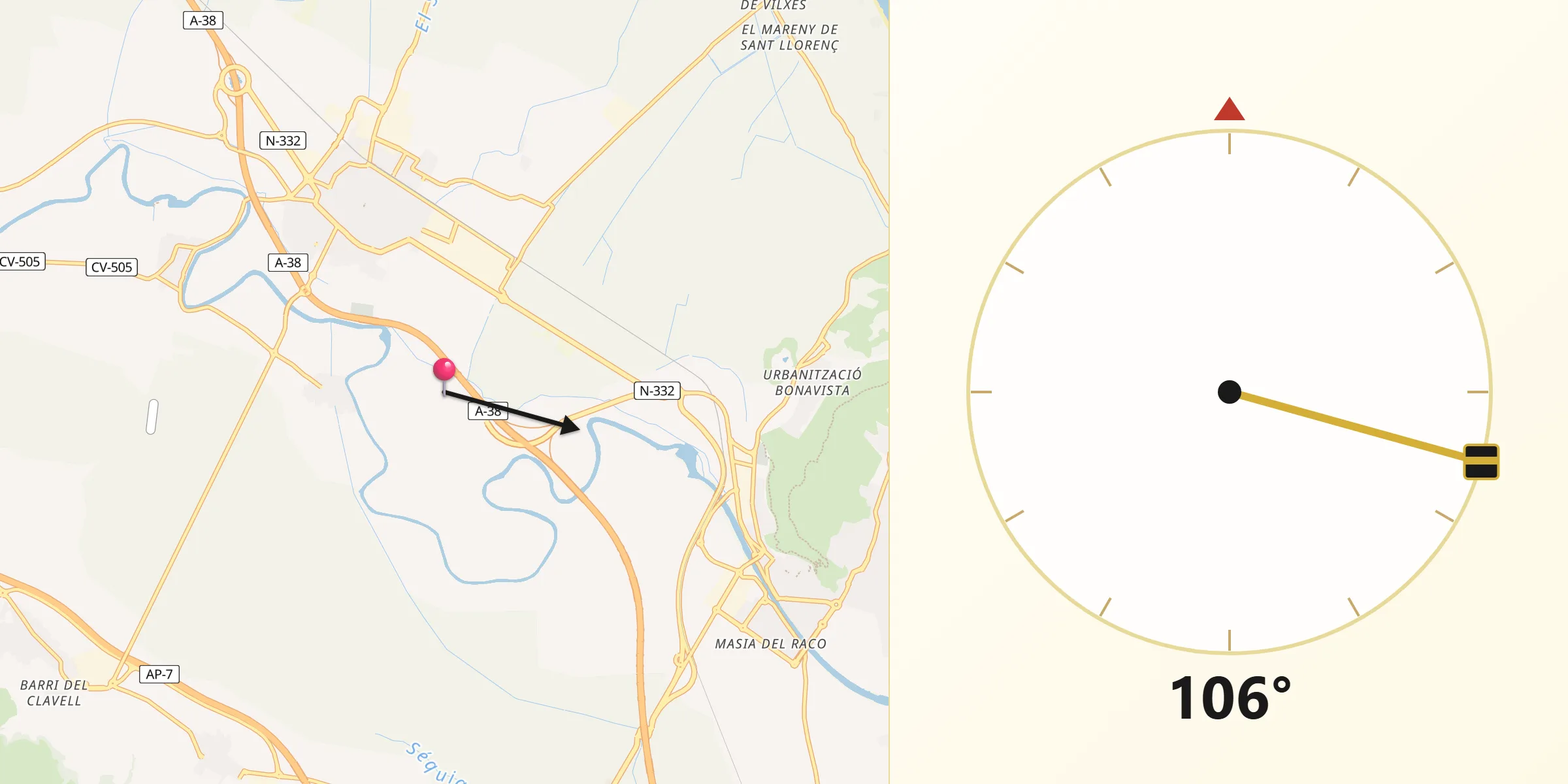 Dirección de la Qibla desde Fortaleny