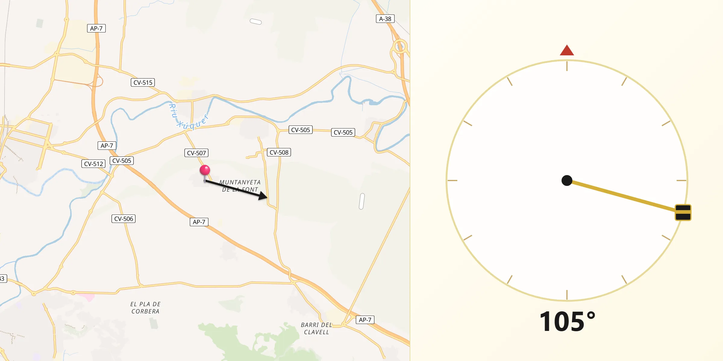 Dirección de la Qibla desde Benicull de Xúquer
