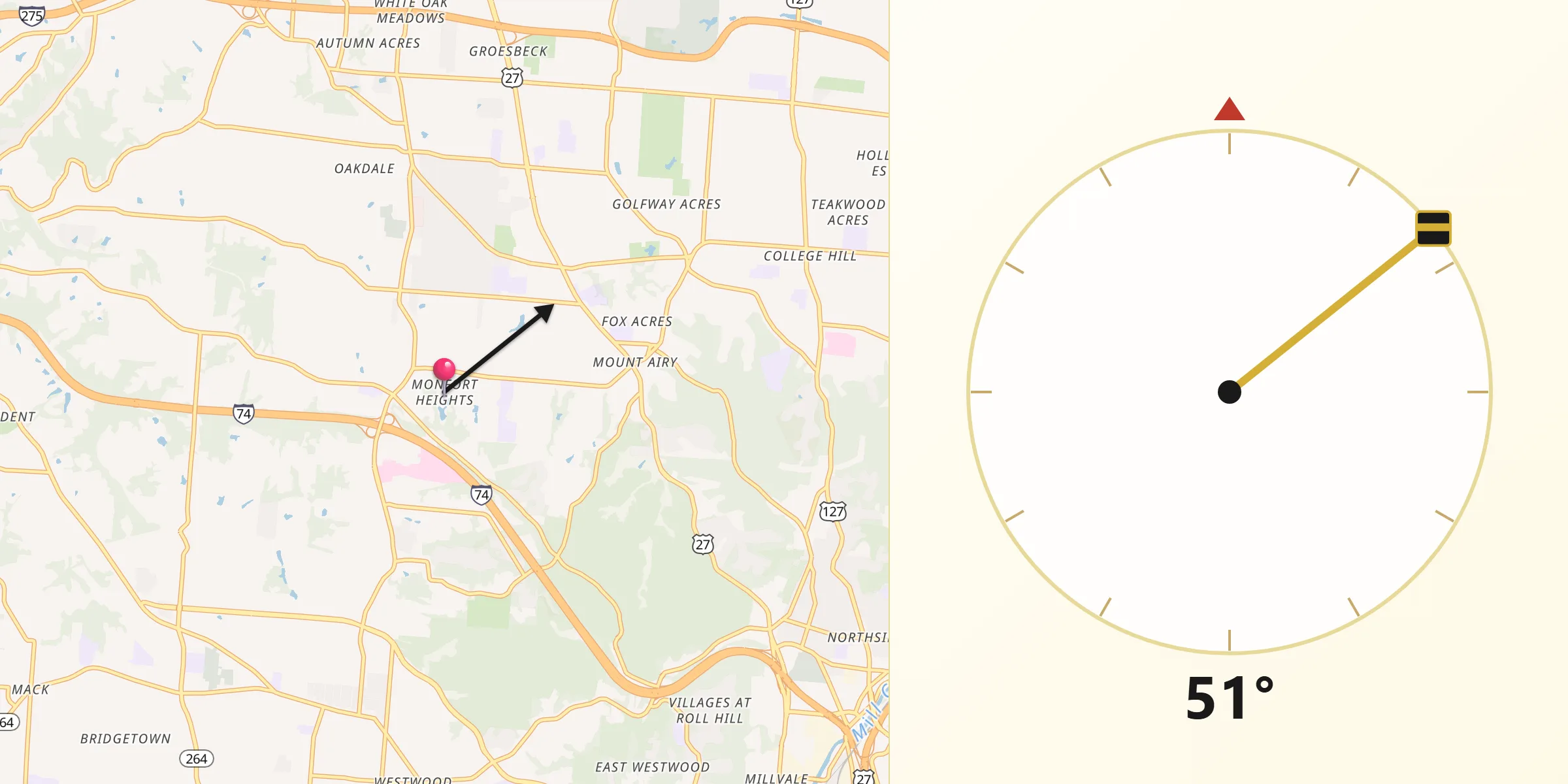 Qibla Direction from Monfort Heights