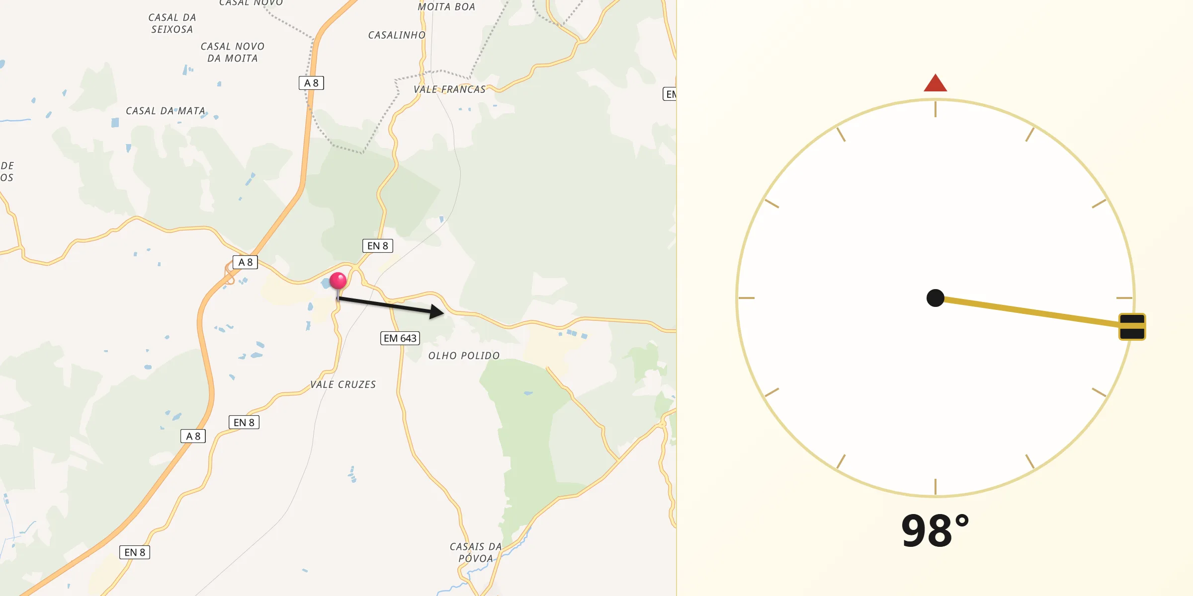 Direção da Qibla a partir de Outeiro da Cabeça