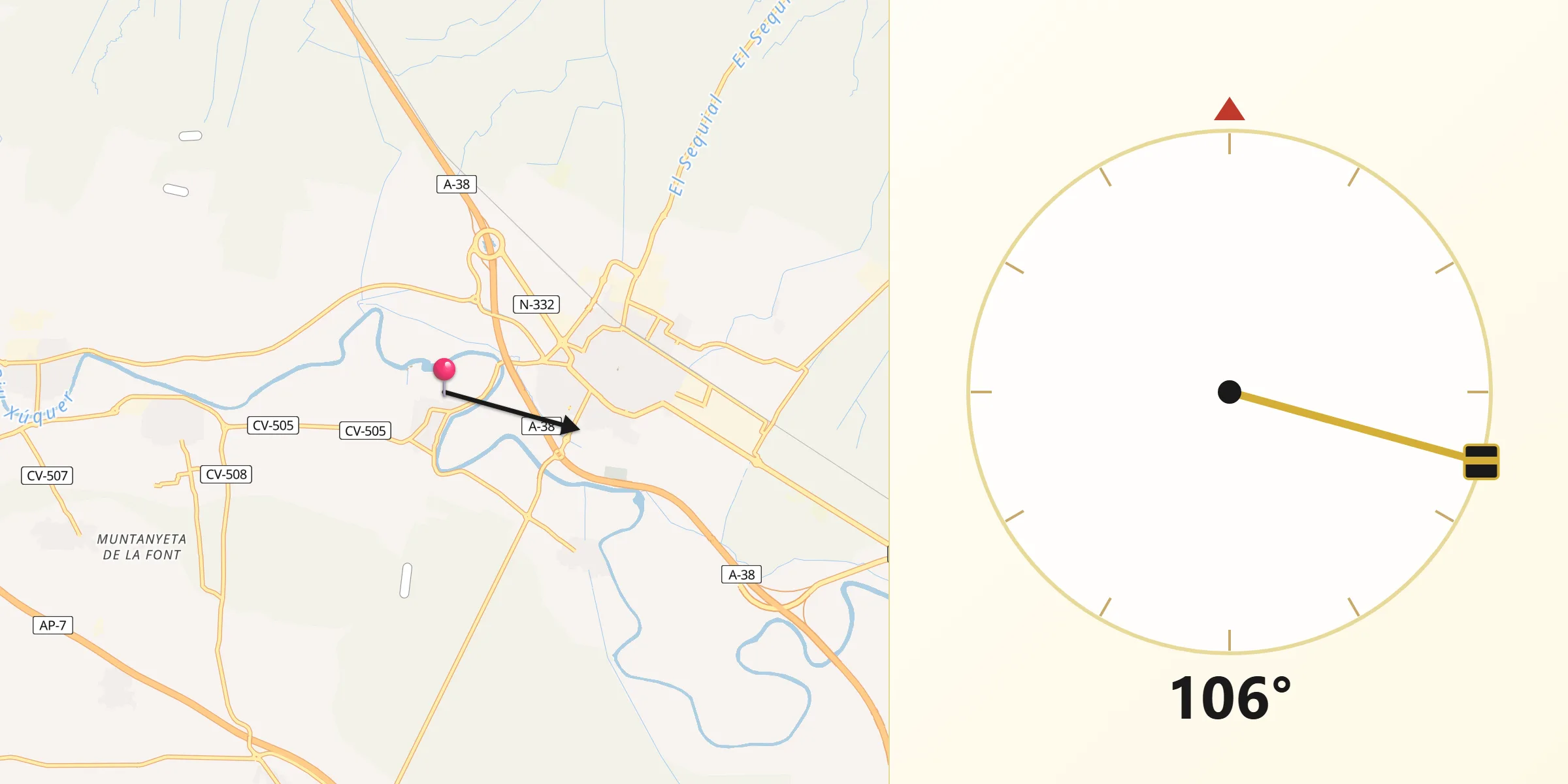 Dirección de la Qibla desde Riola