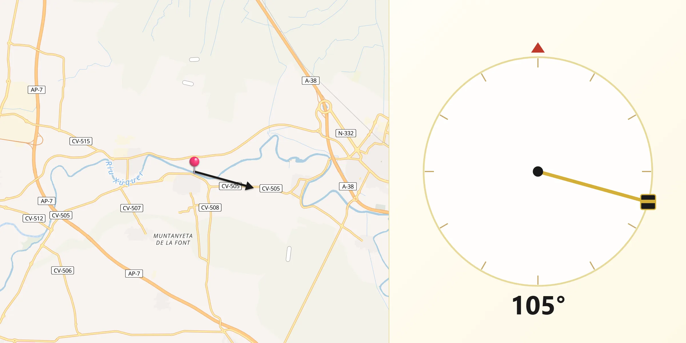 Dirección de la Qibla desde Polinyà de Xúquer