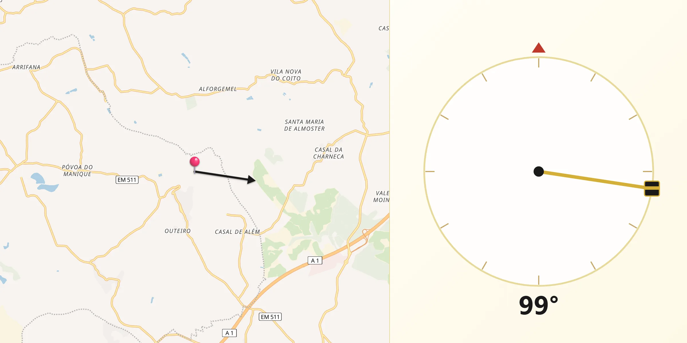 Direção da Qibla a partir de Vila Nova de São Pedro