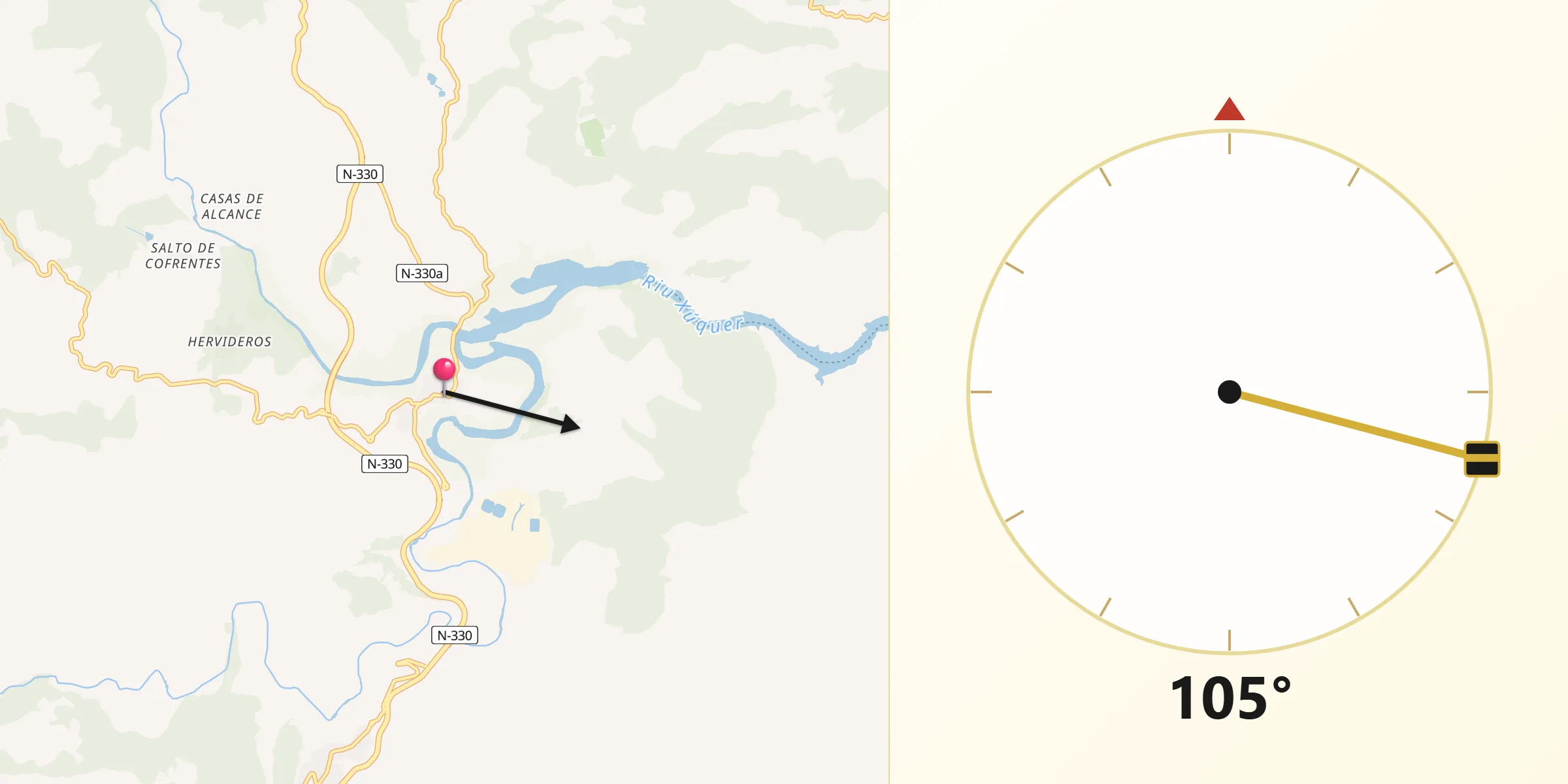 Dirección de la Qibla desde Cofrentes