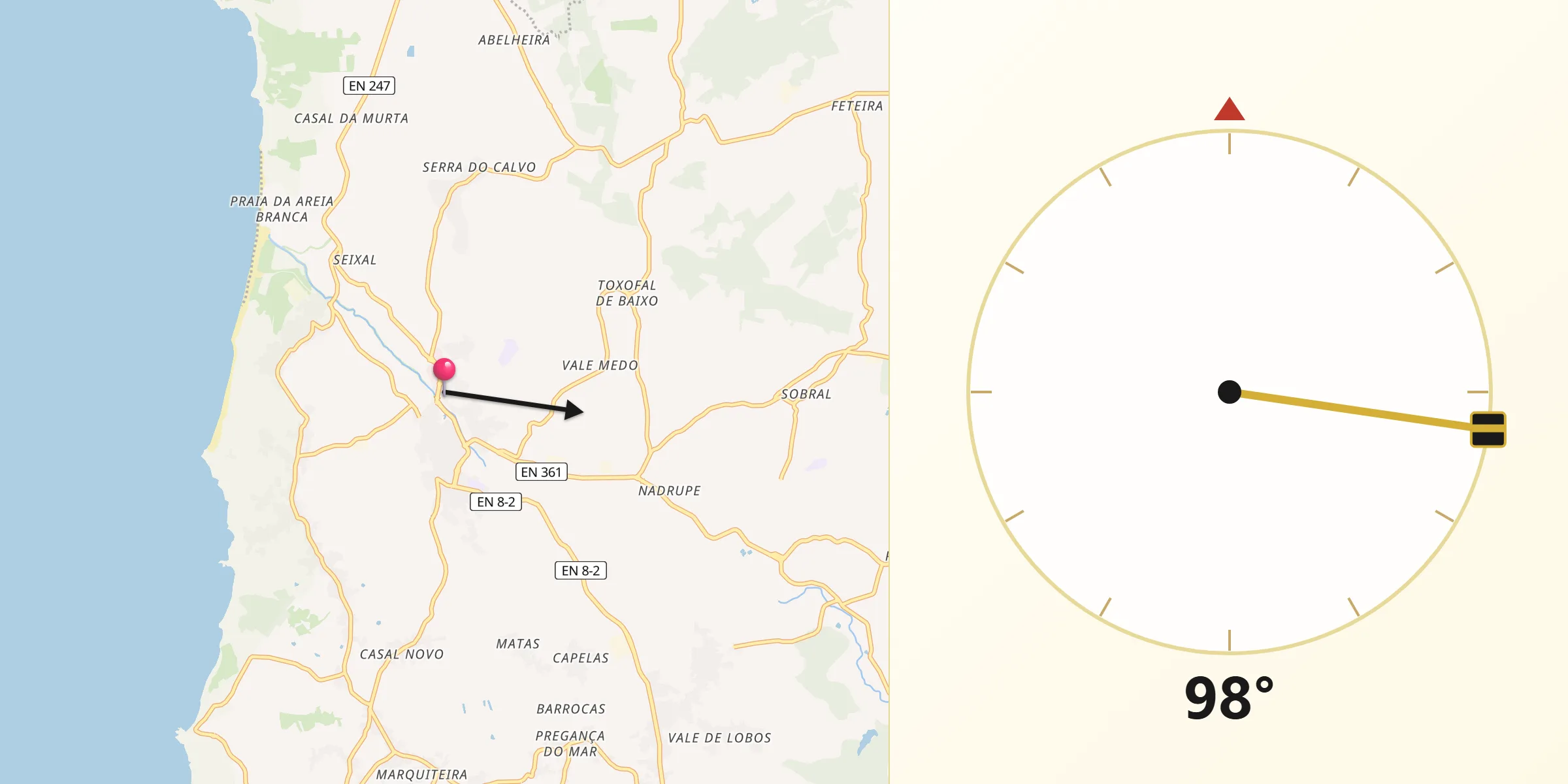 Direção da Qibla a partir de Lourinhã