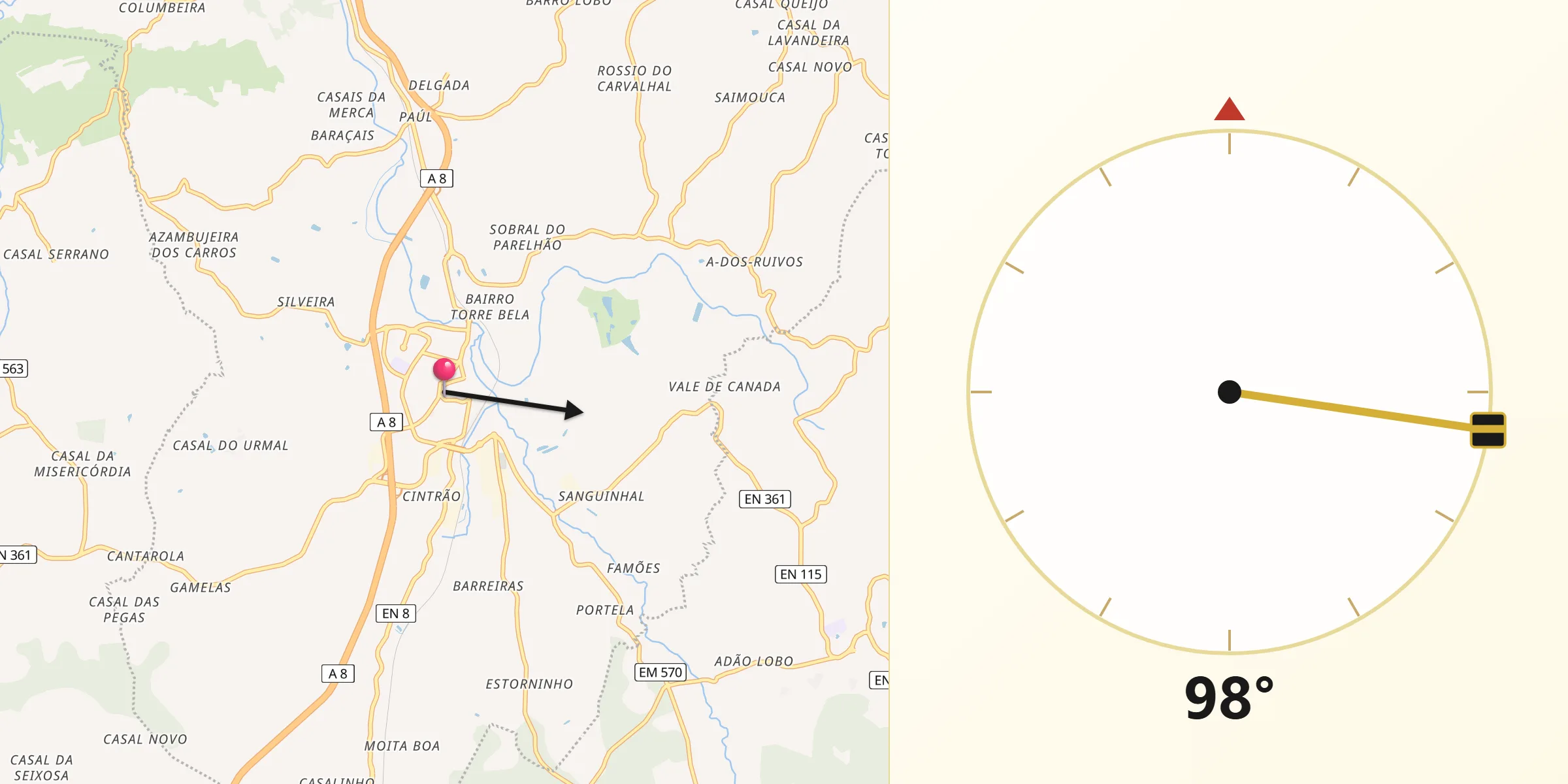 Direção da Qibla a partir de Bombarral