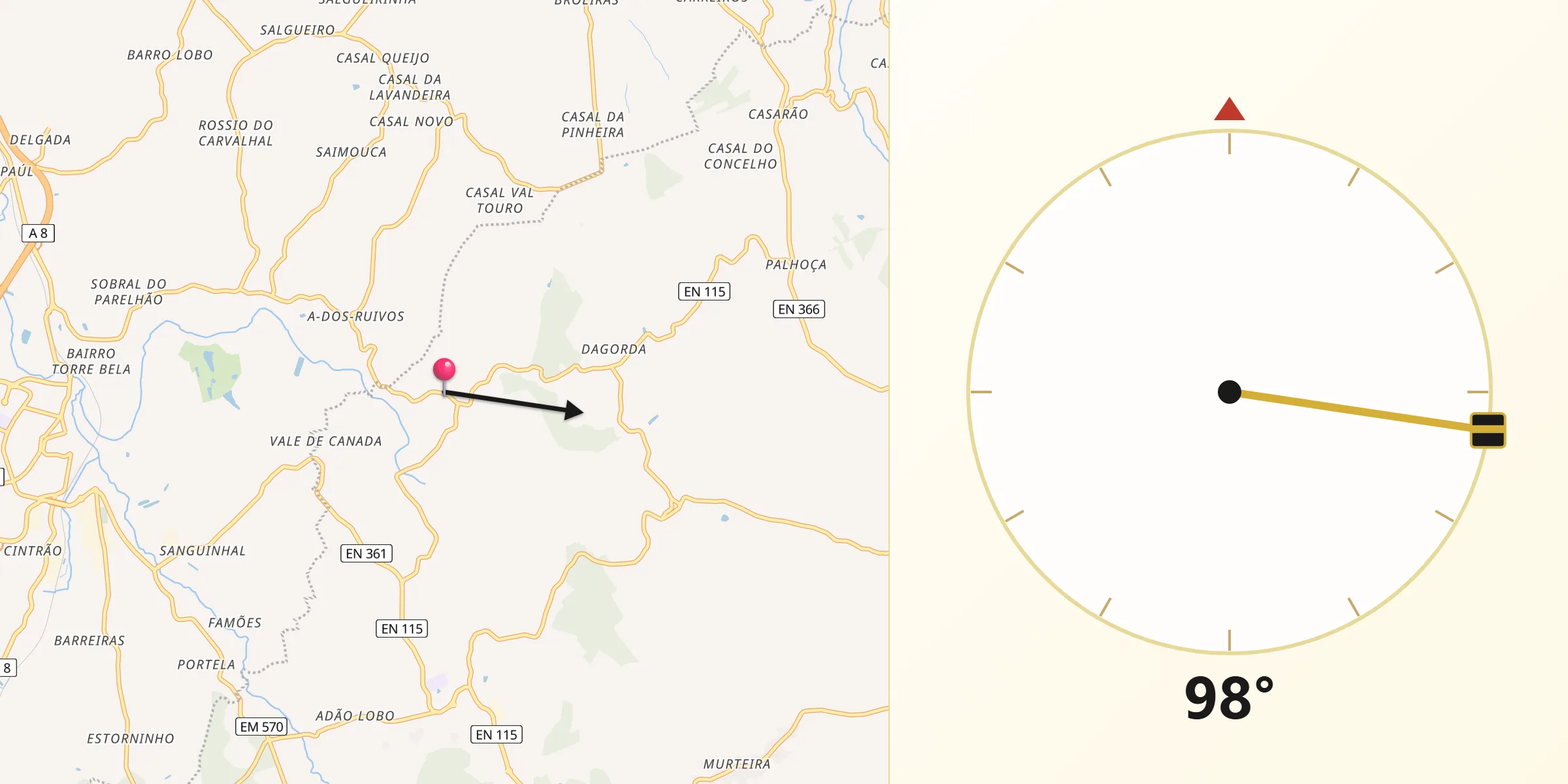 Direção da Qibla a partir de Vermelha