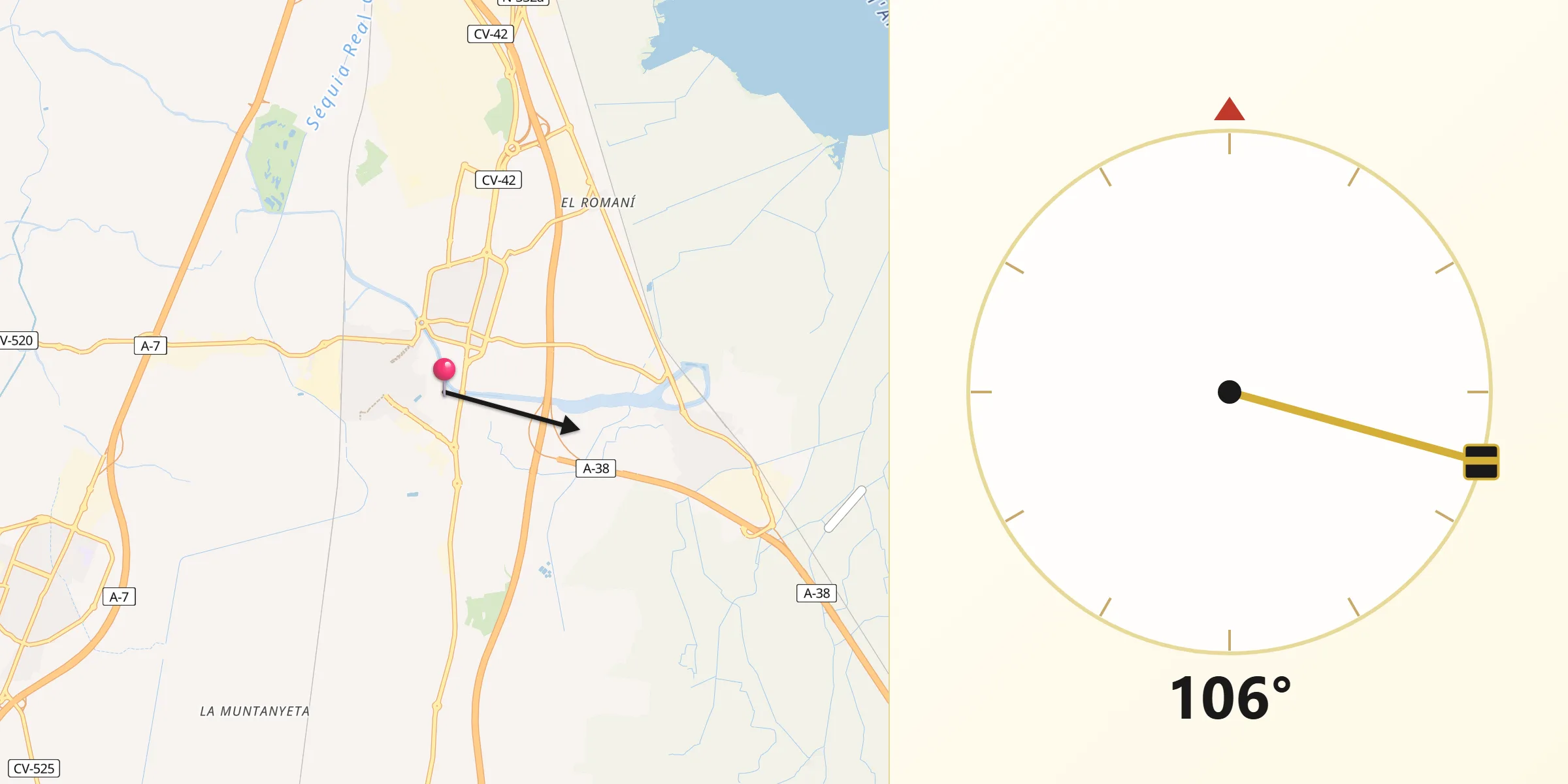 Dirección de la Qibla desde Almussafes