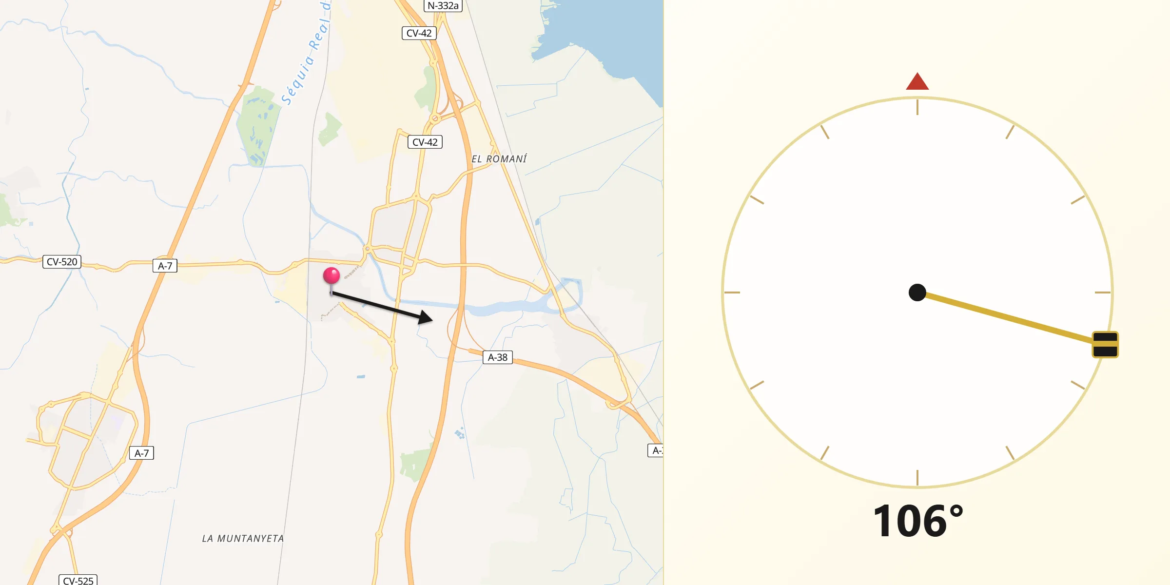 Dirección de la Qibla desde Benifaió