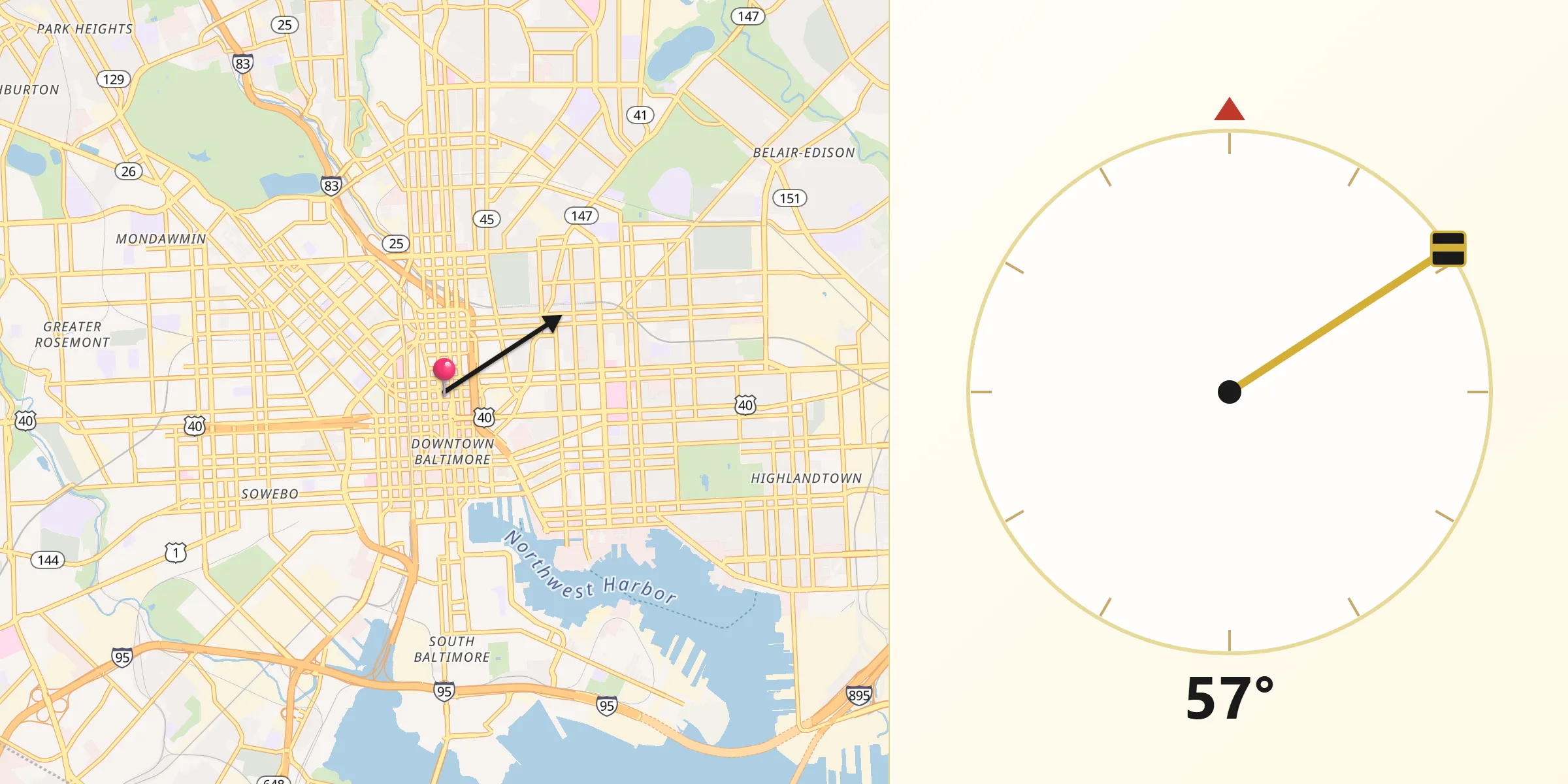 Qibla Direction from City of Baltimore