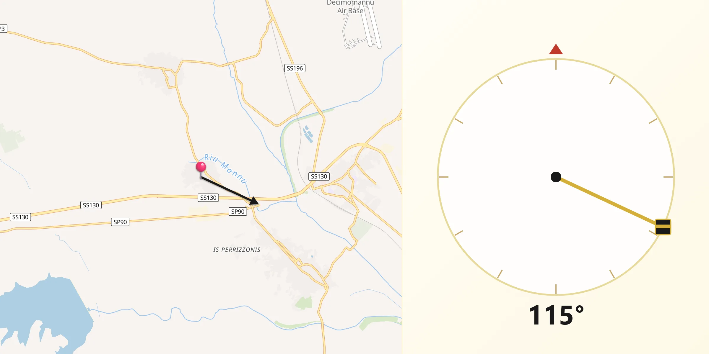 Direzione della Qibla da Villaspeciosa