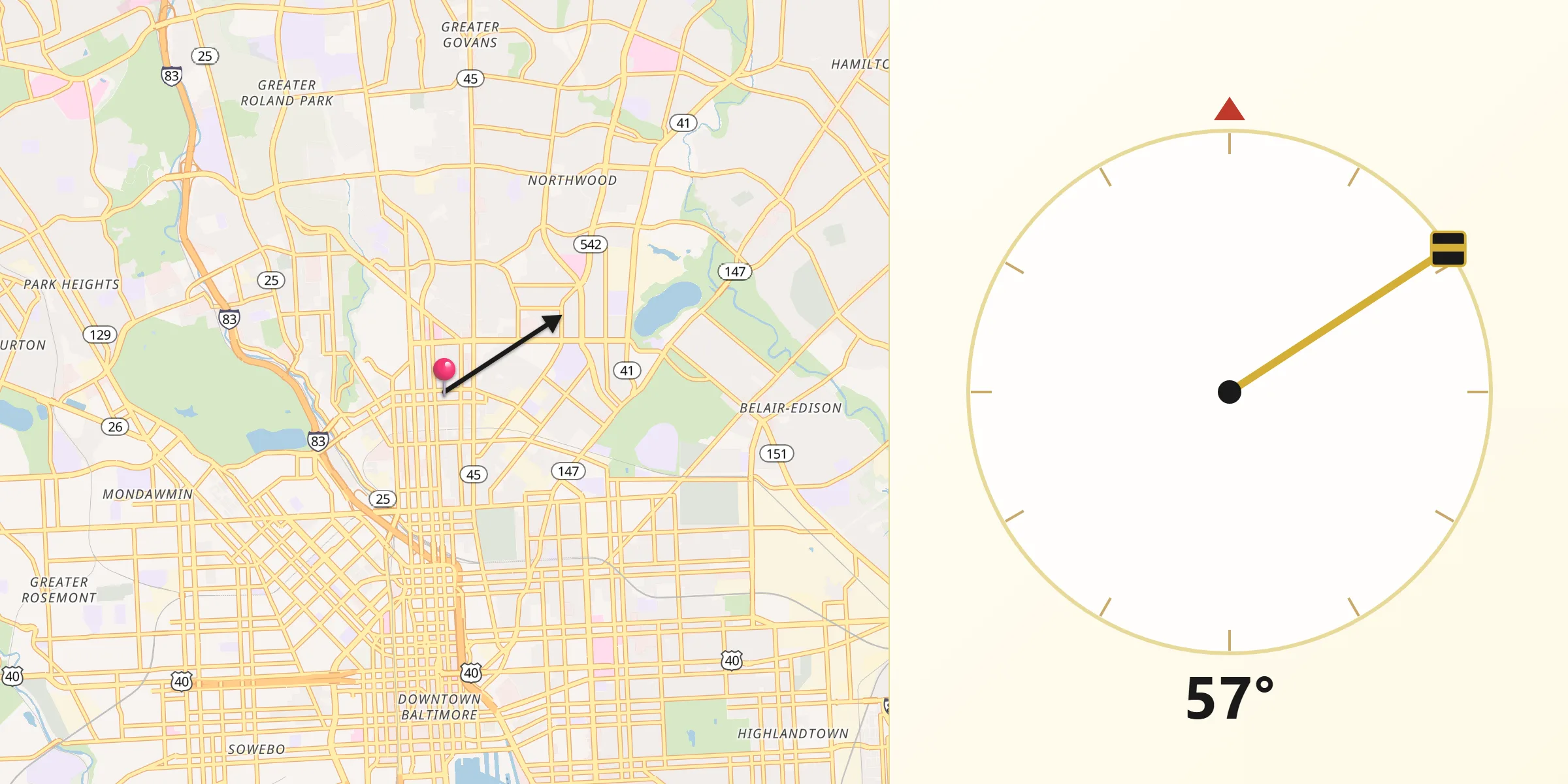 Qibla Direction from Charles Village