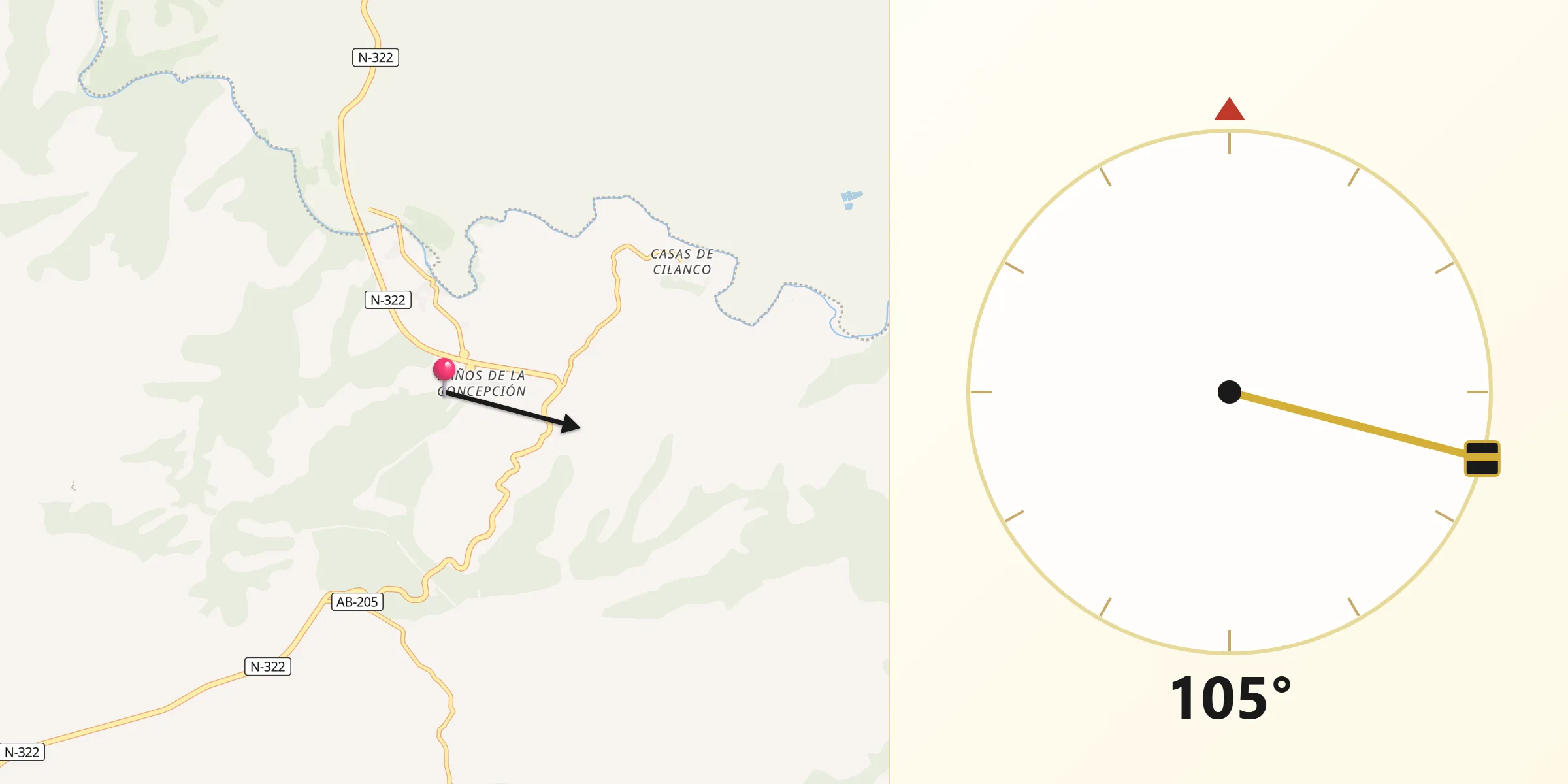 Dirección de la Qibla desde Villatoya