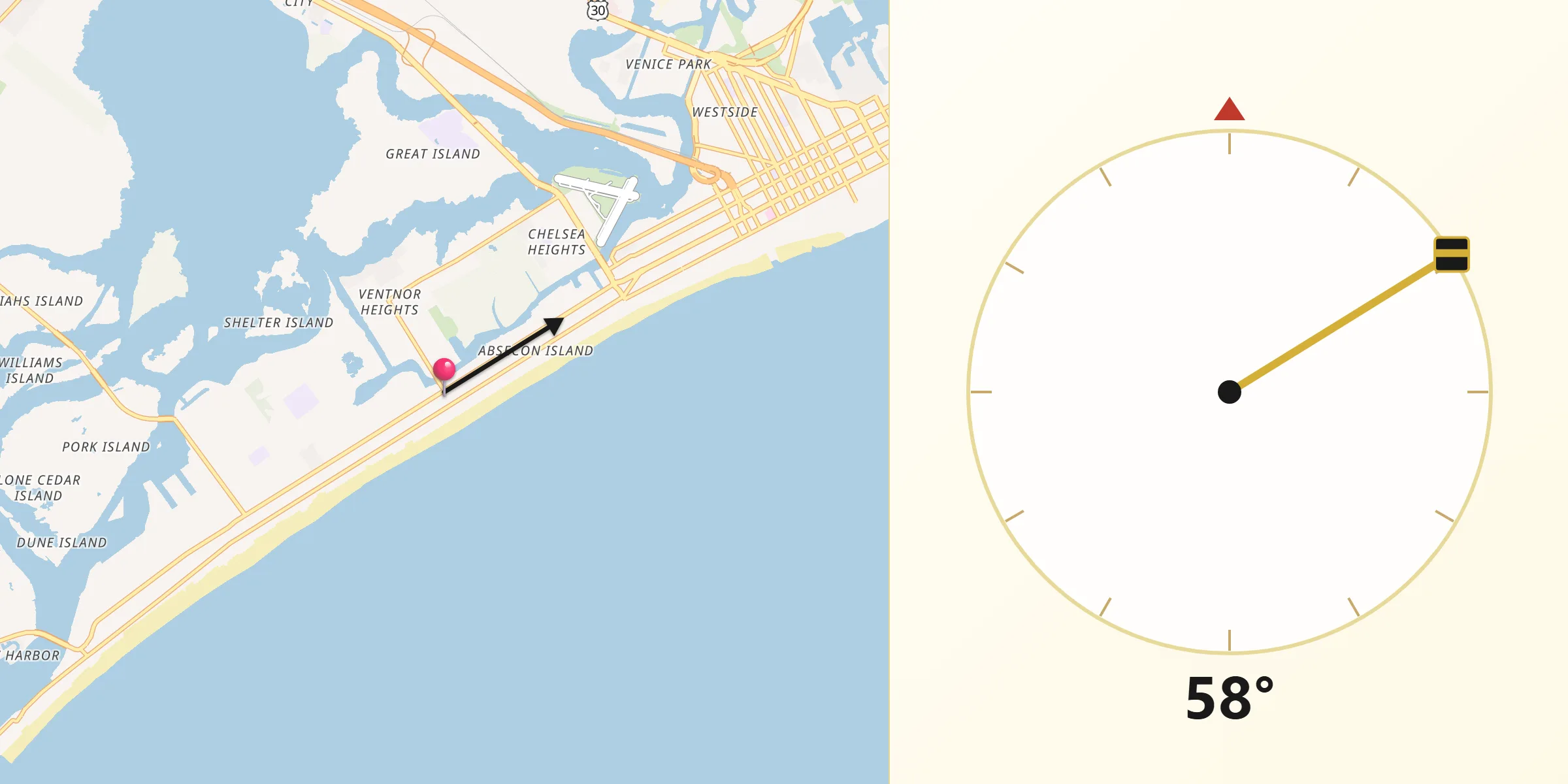 Qibla Direction from Ventnor City