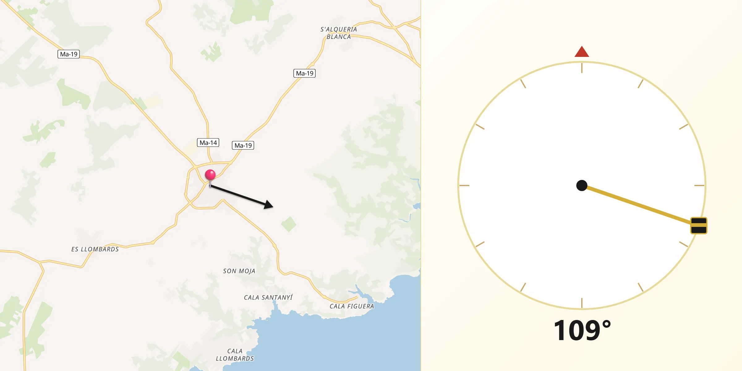 Dirección de la Qibla desde Santanyí