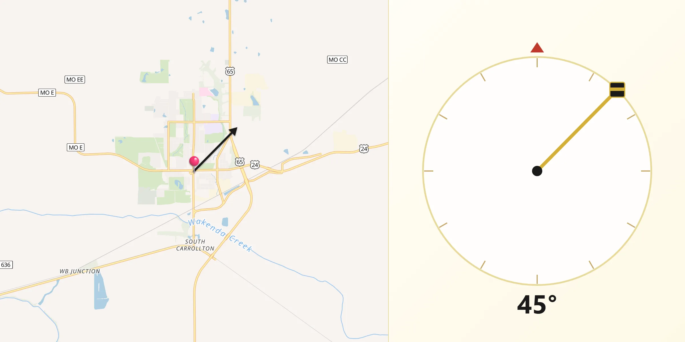 Dirección de la Qibla desde Carrollton
