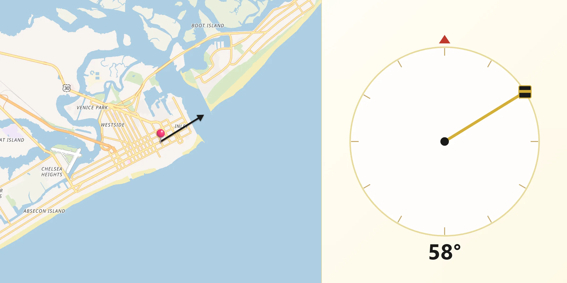 Qibla Direction from Atlantic City