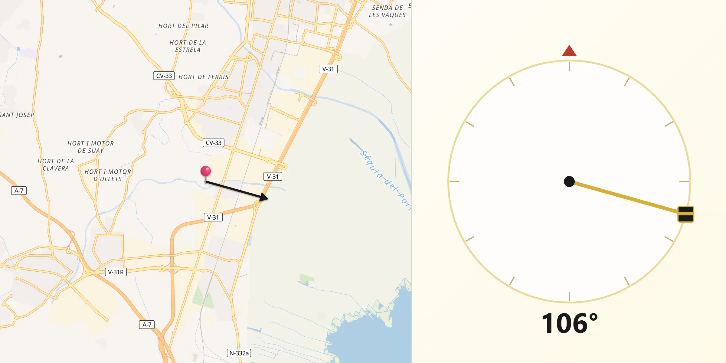 Dirección de la Qibla desde Beniparrell