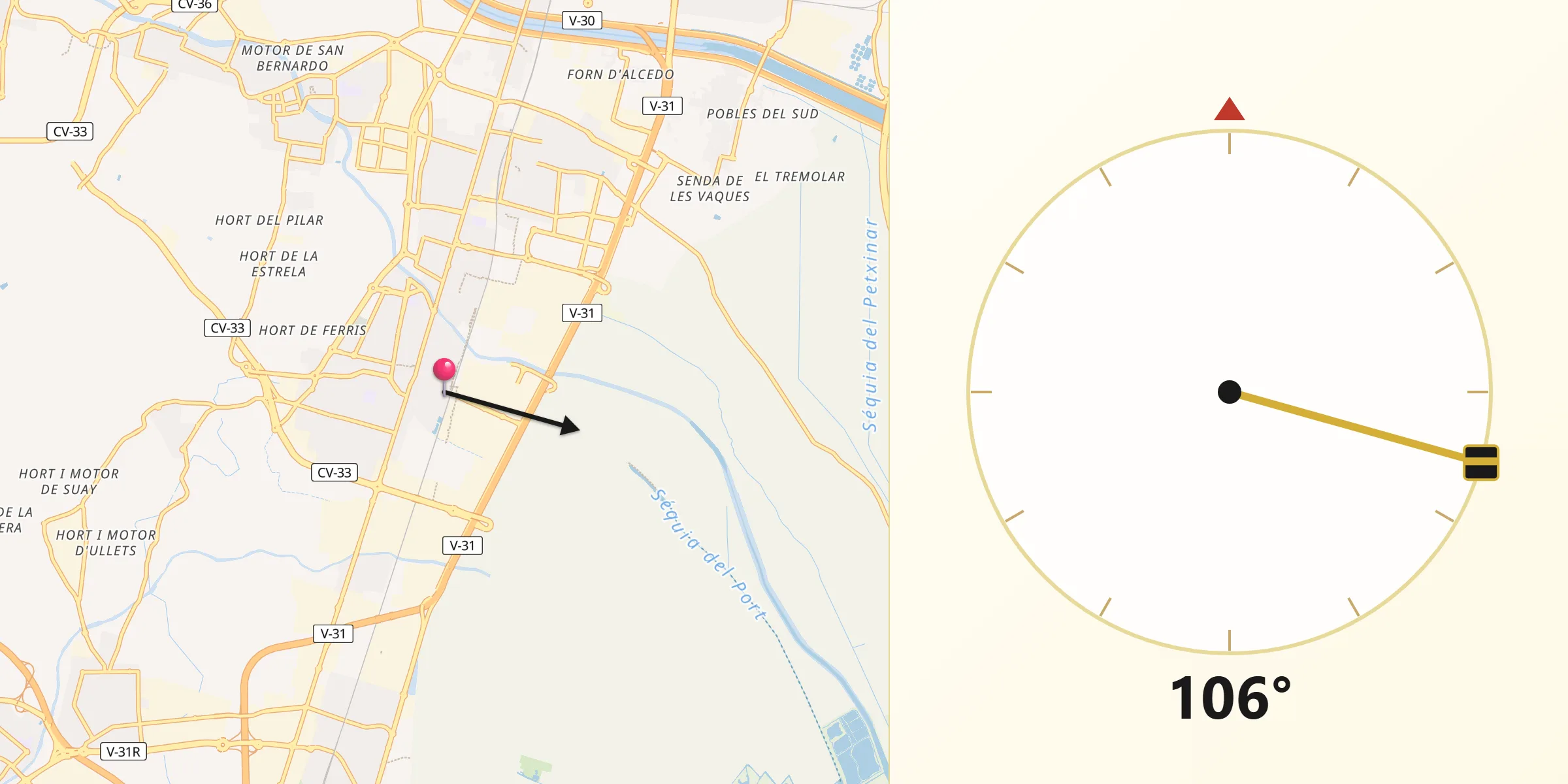 Dirección de la Qibla desde Catarroja