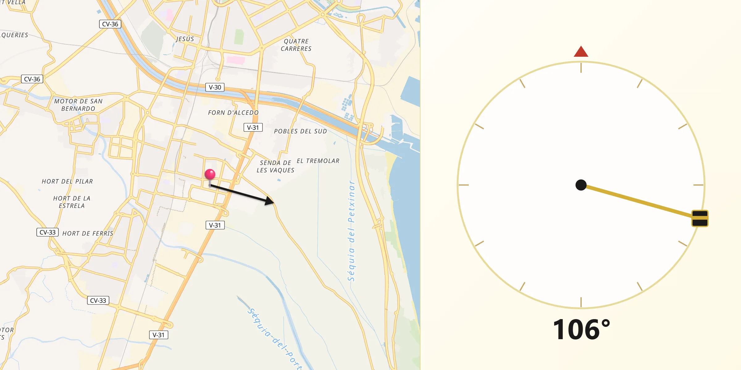 Dirección de la Qibla desde Alfafar