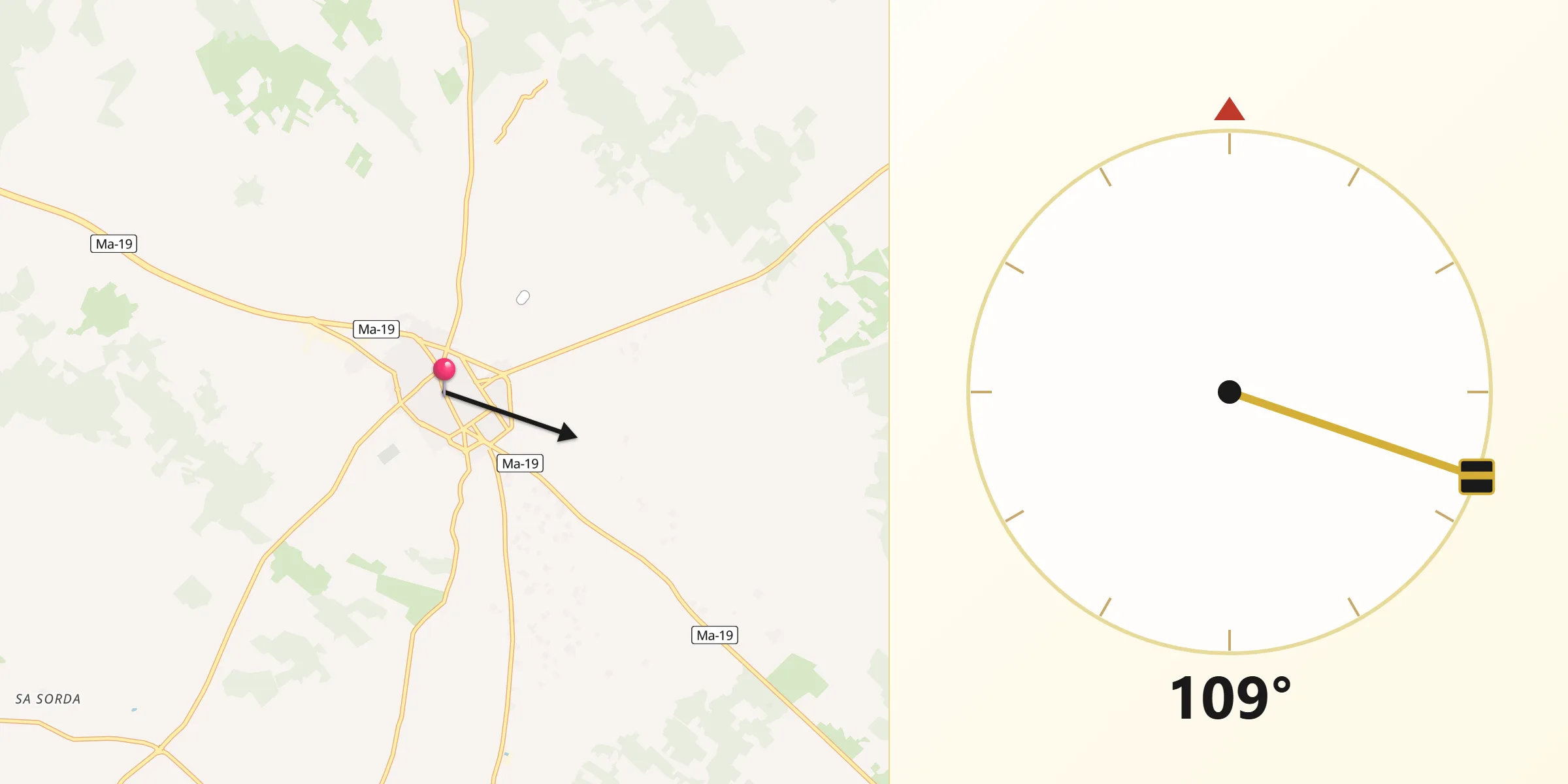 Dirección de la Qibla desde Campos