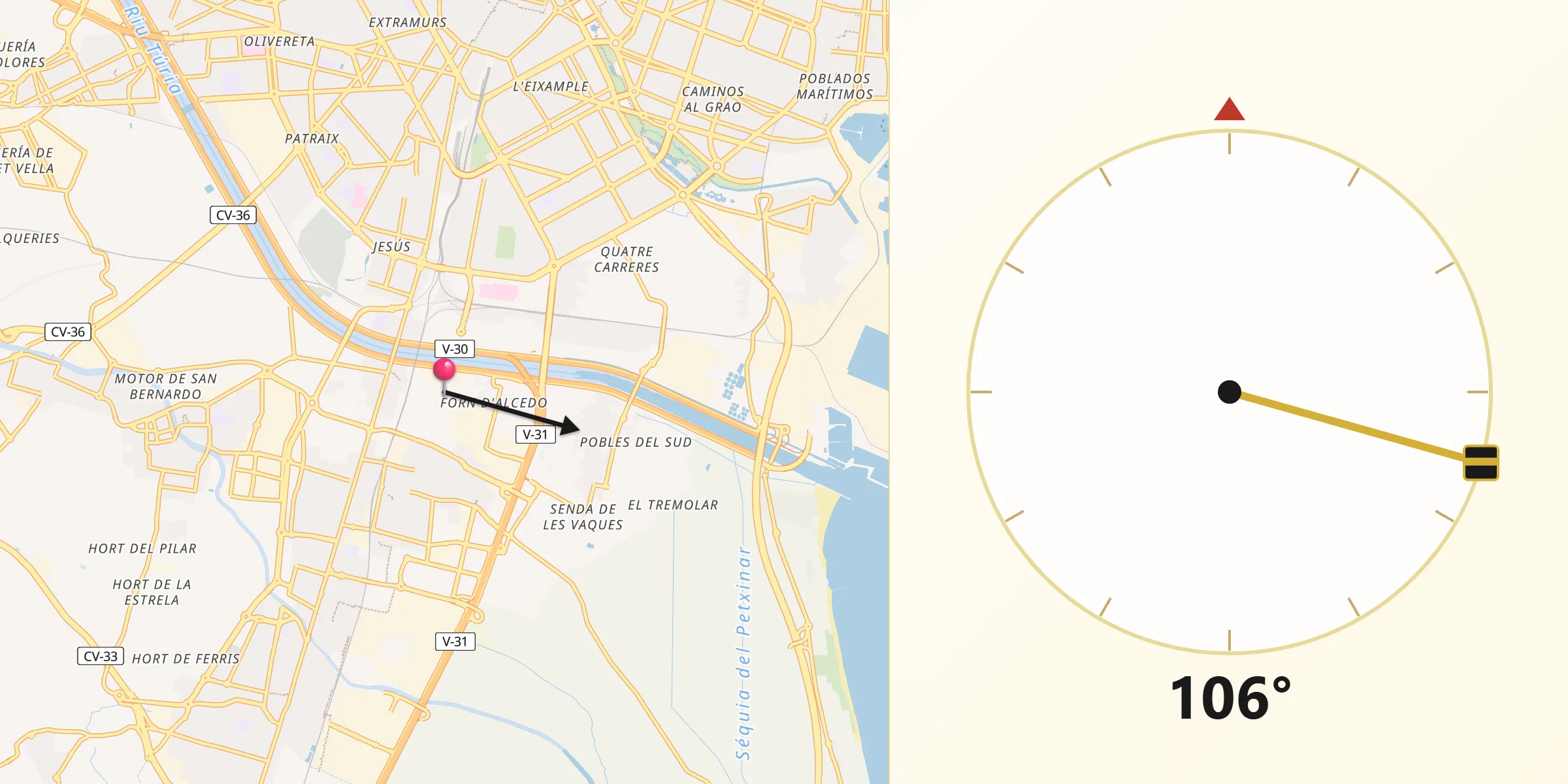 Dirección de la Qibla desde Sedaví