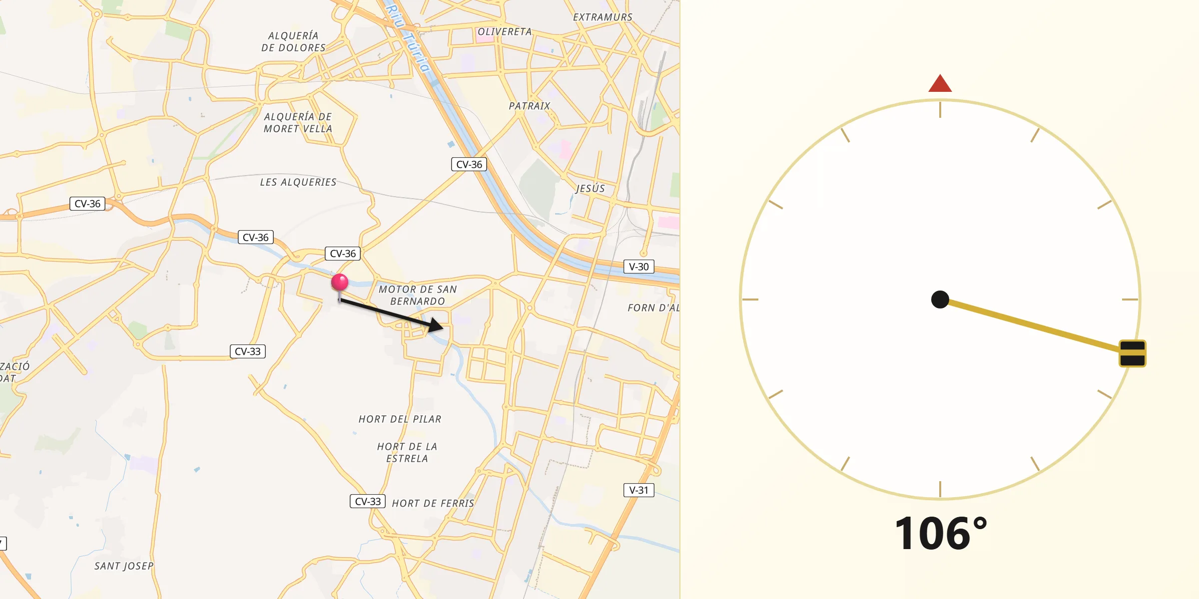 Dirección de la Qibla desde Picanya