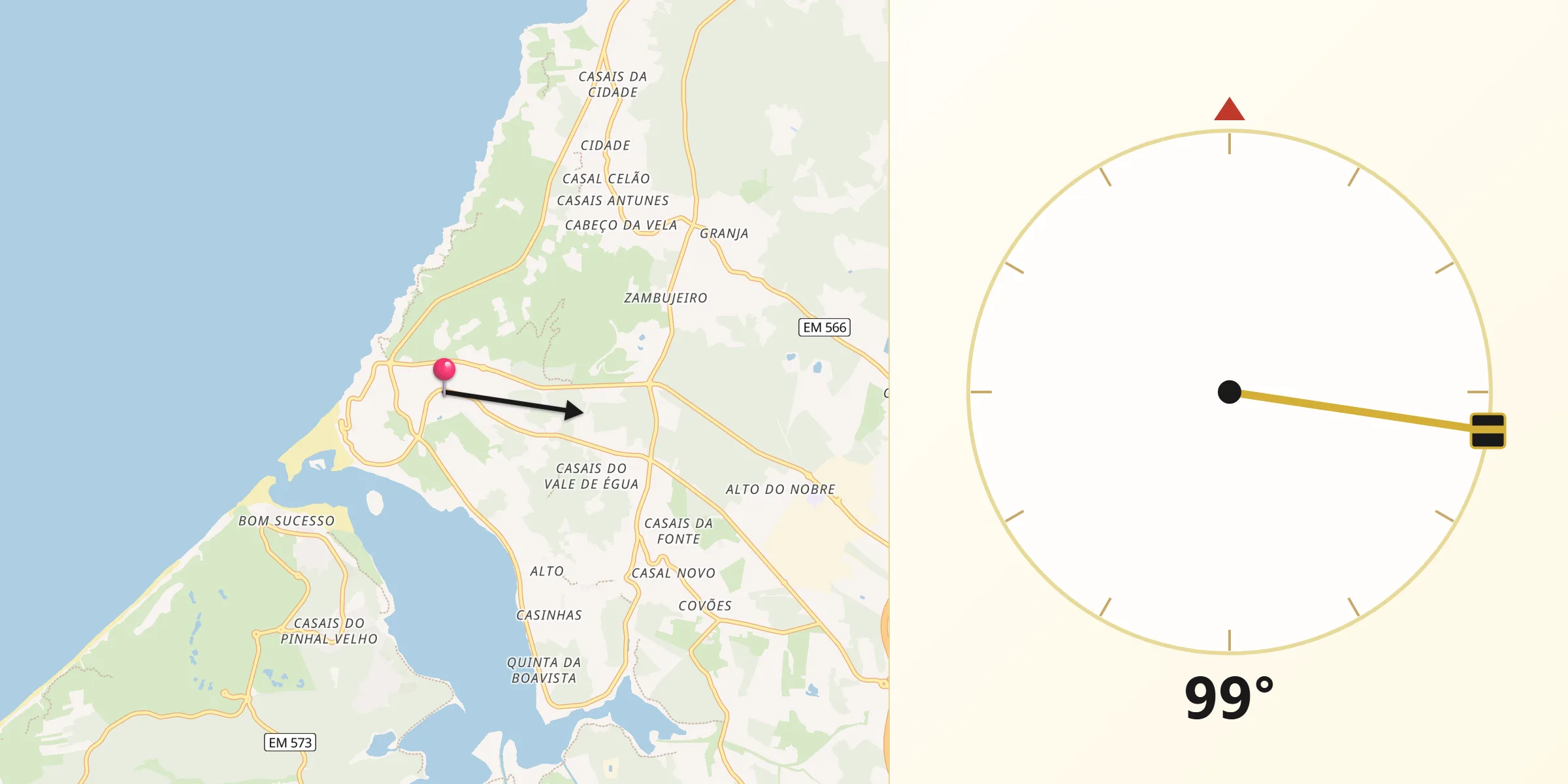 Direção da Qibla a partir de Foz do Arelho