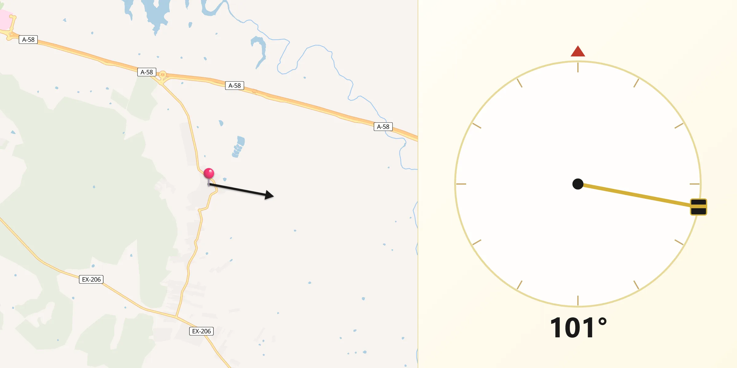 Dirección de la Qibla desde Sierra de Fuentes