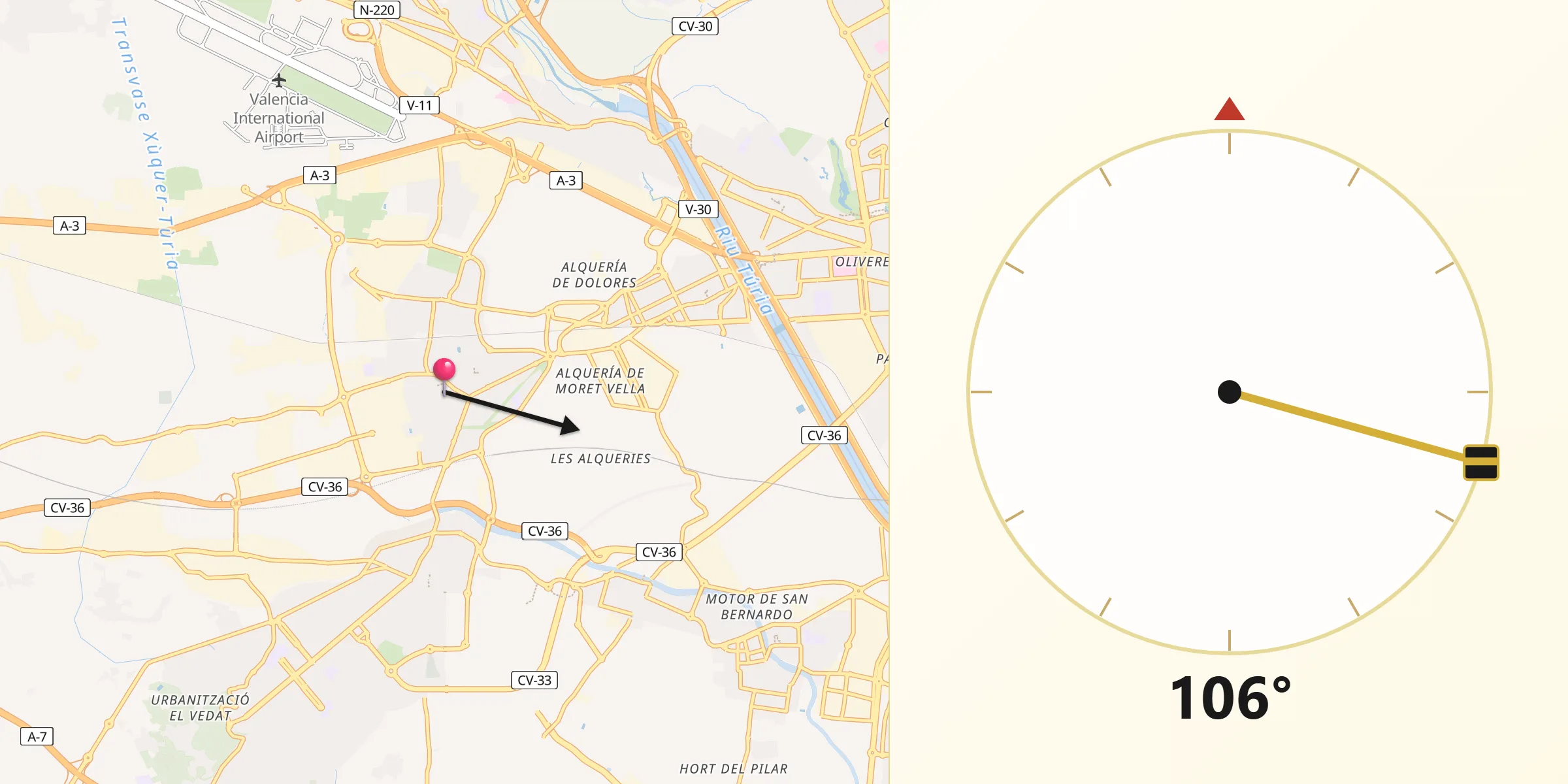 Dirección de la Qibla desde Alacuás