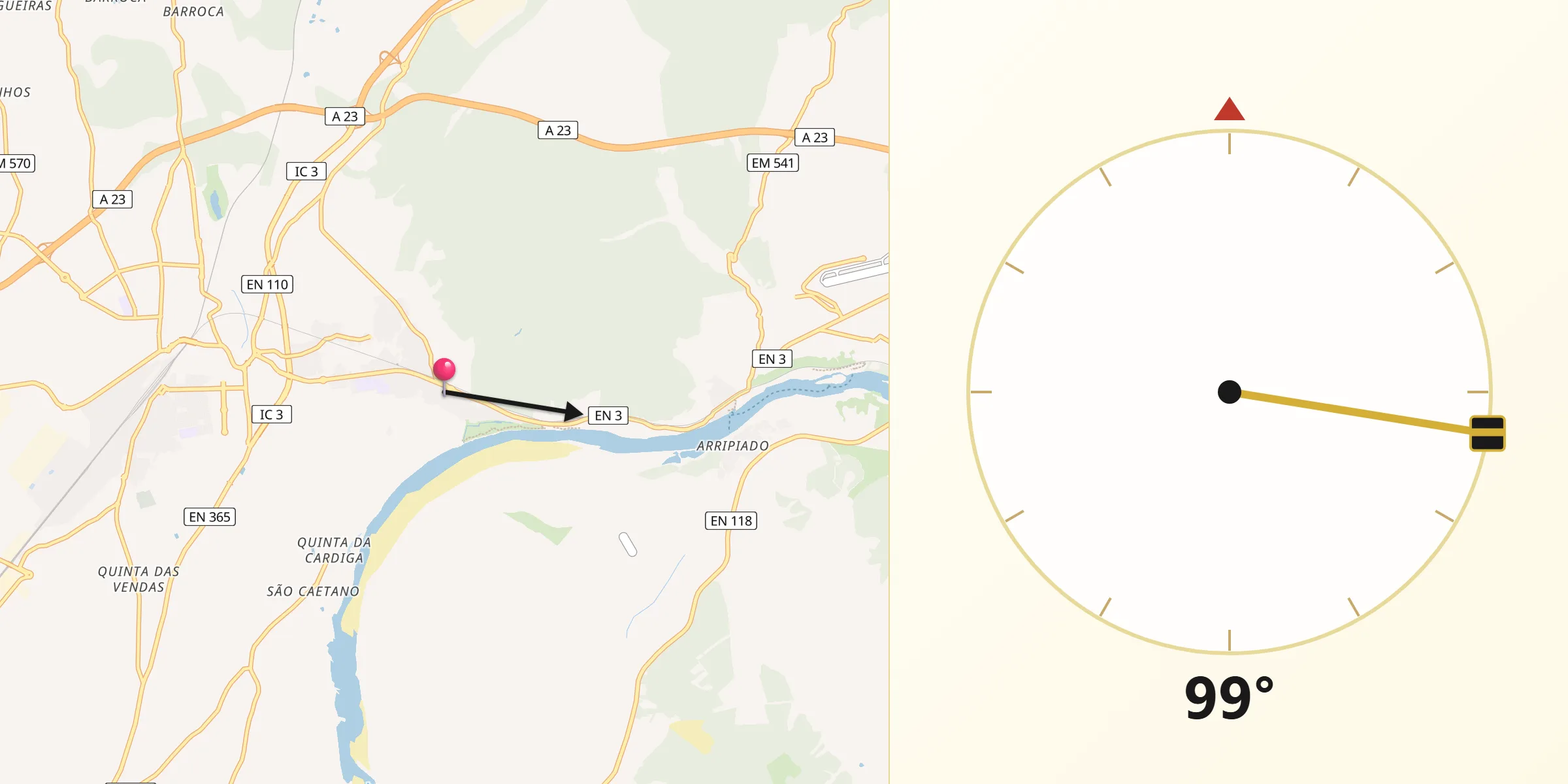 Direção da Qibla a partir de Vila Nova da Barquinha