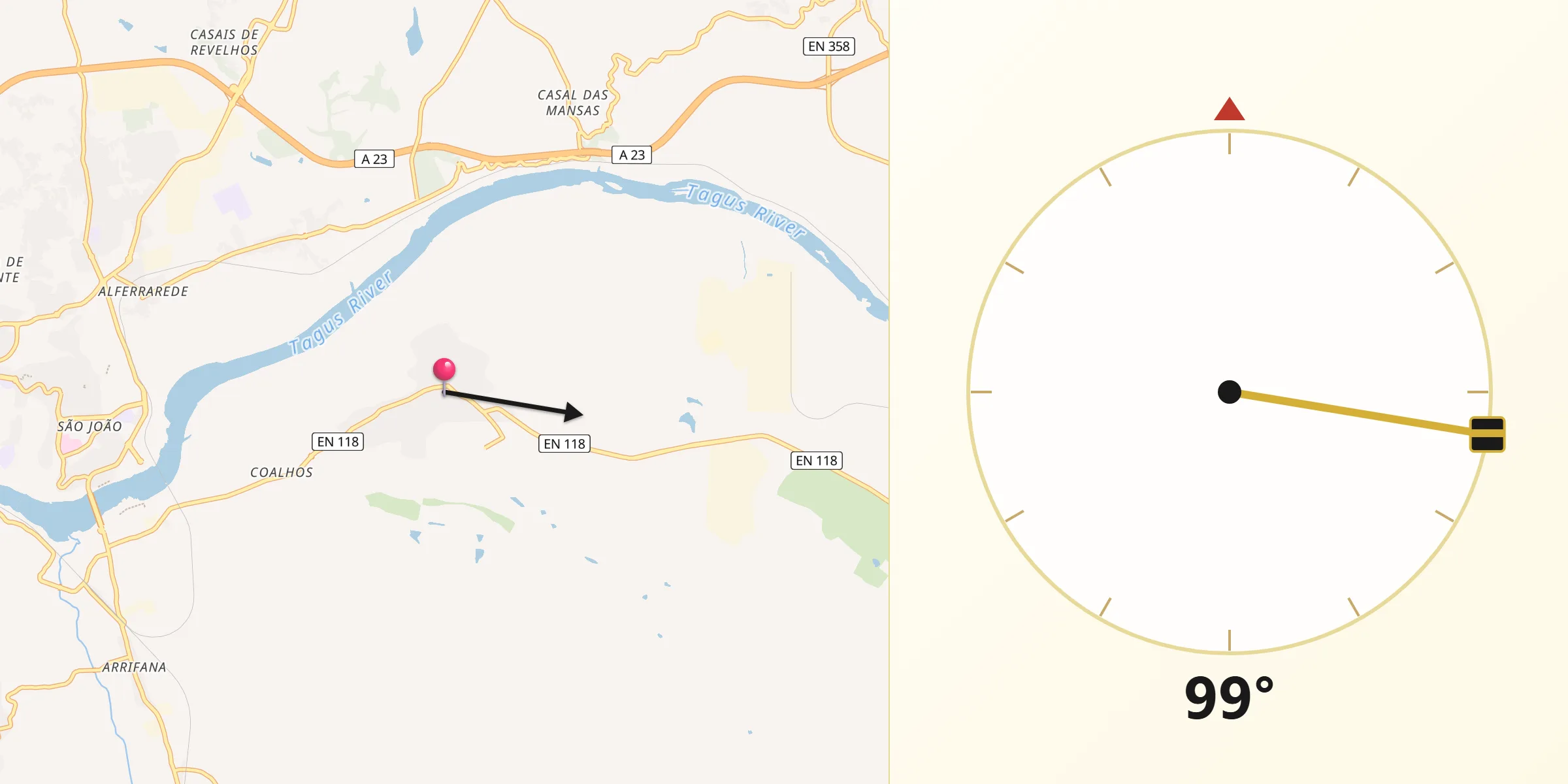 Direção da Qibla a partir de Pego