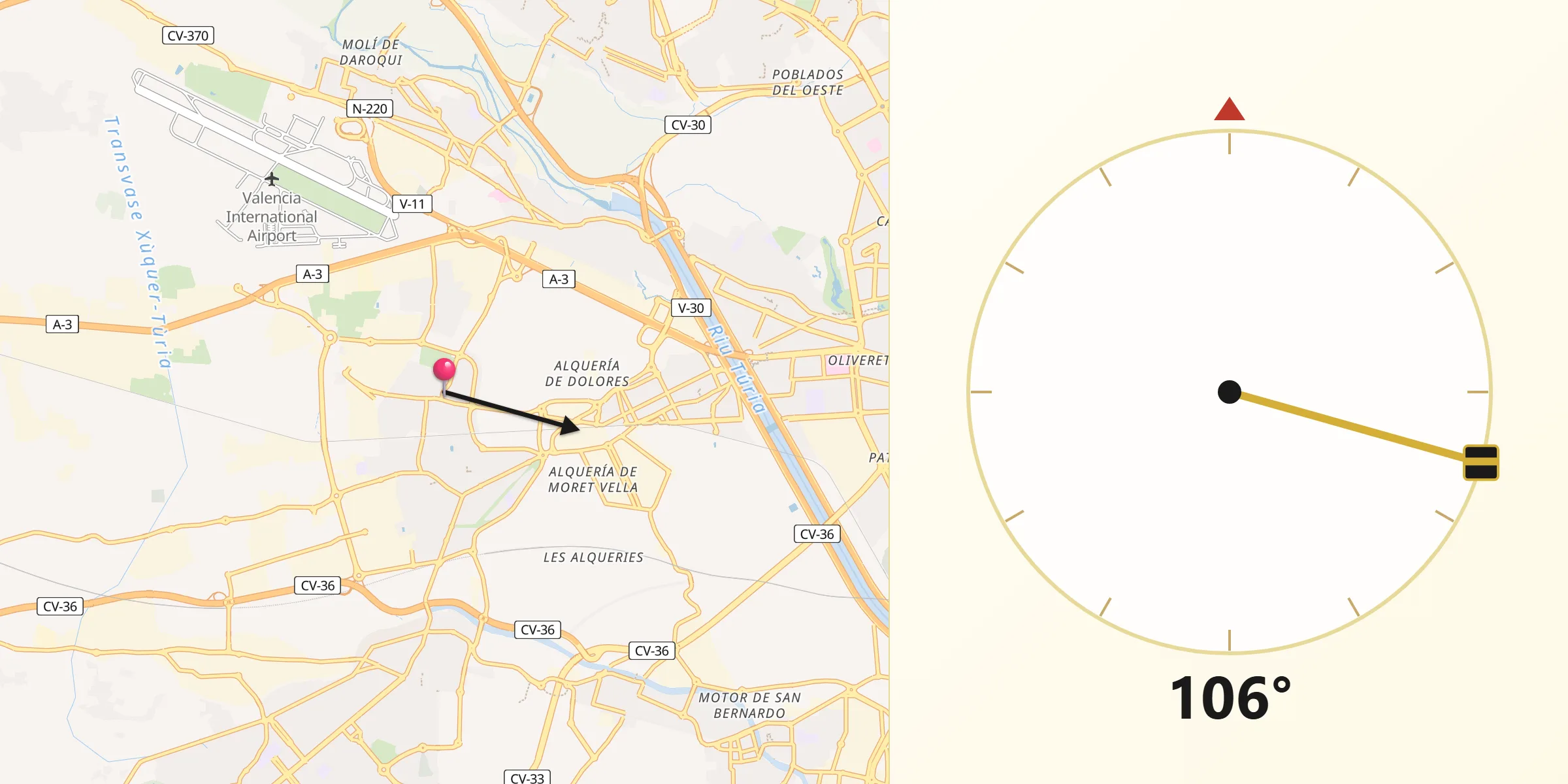 Dirección de la Qibla desde Aldaya