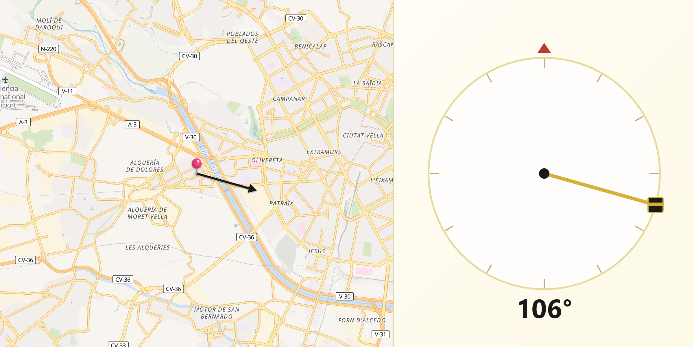 Dirección de la Qibla desde Xirivella