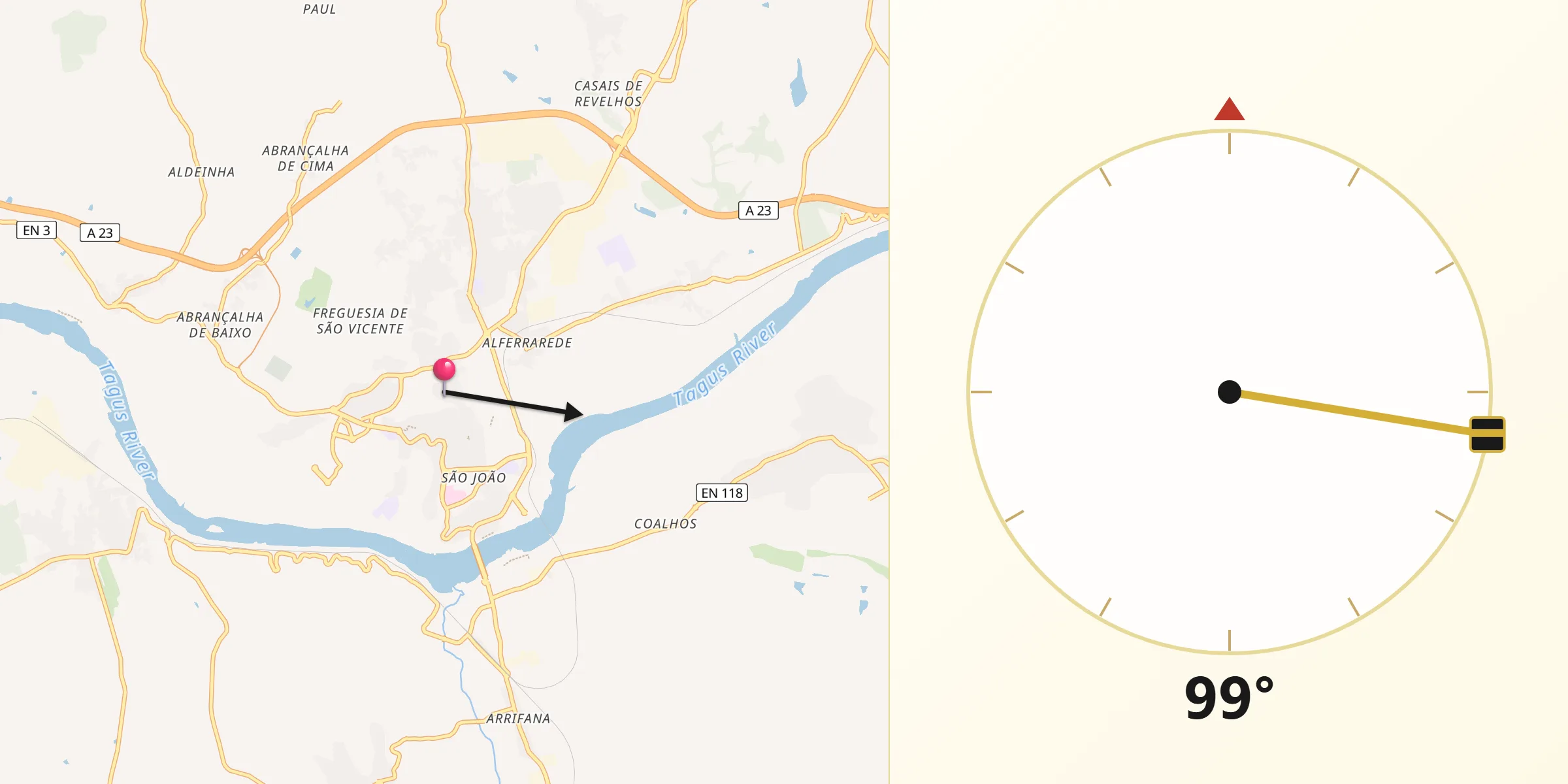 Direção da Qibla a partir de Abrantes