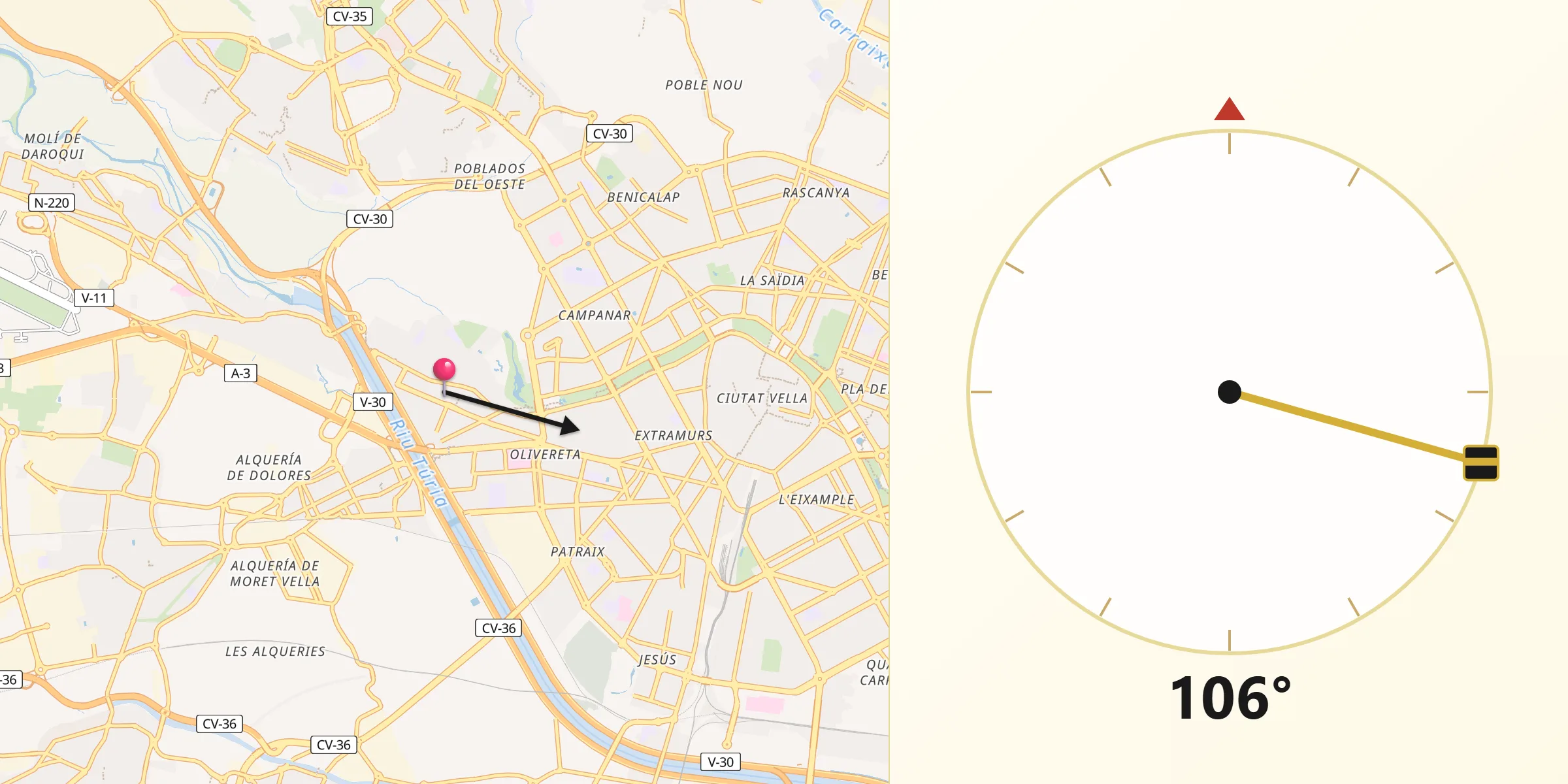 Dirección de la Qibla desde Mislata