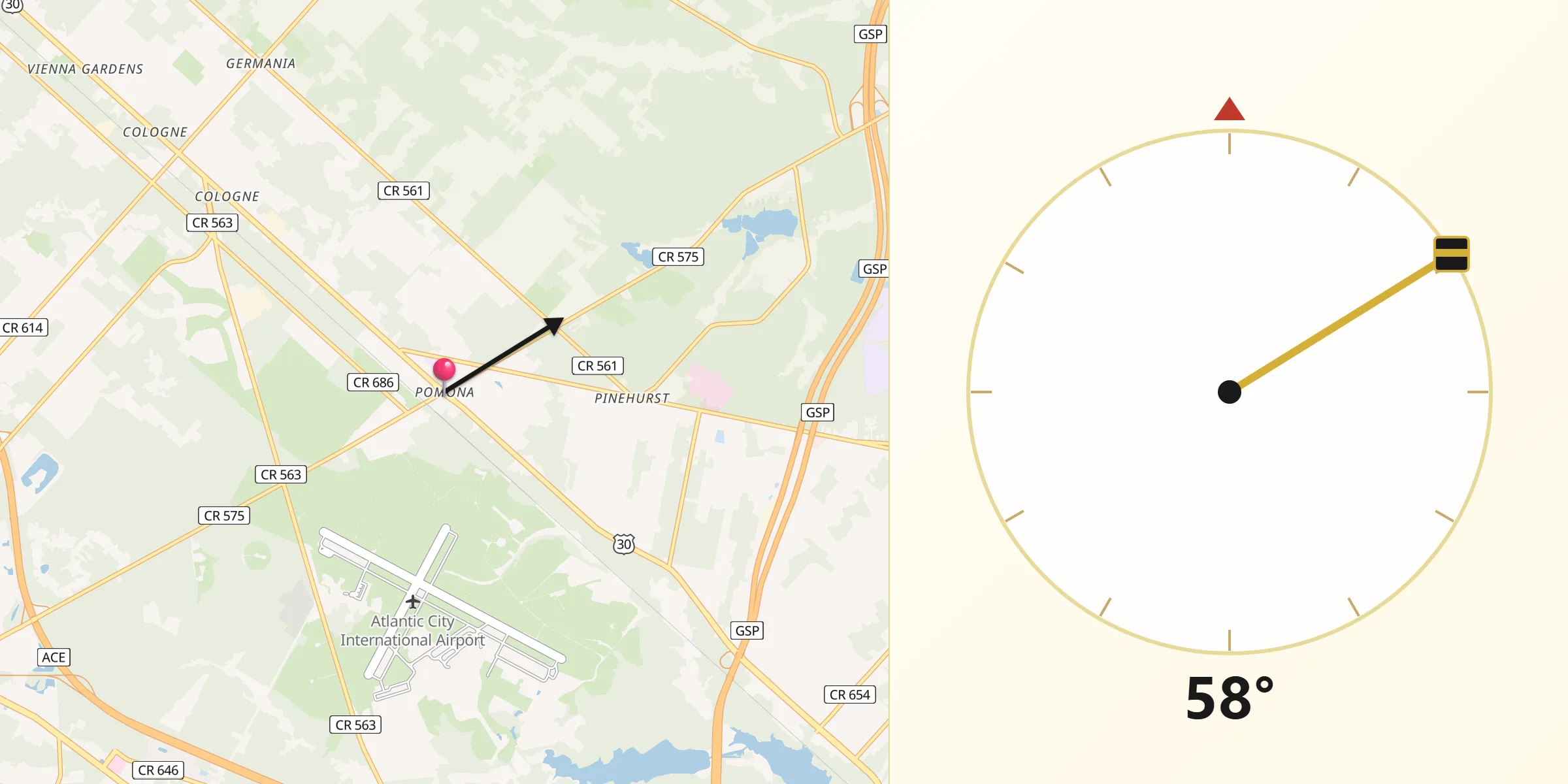 Dirección de la Qibla desde Pomona