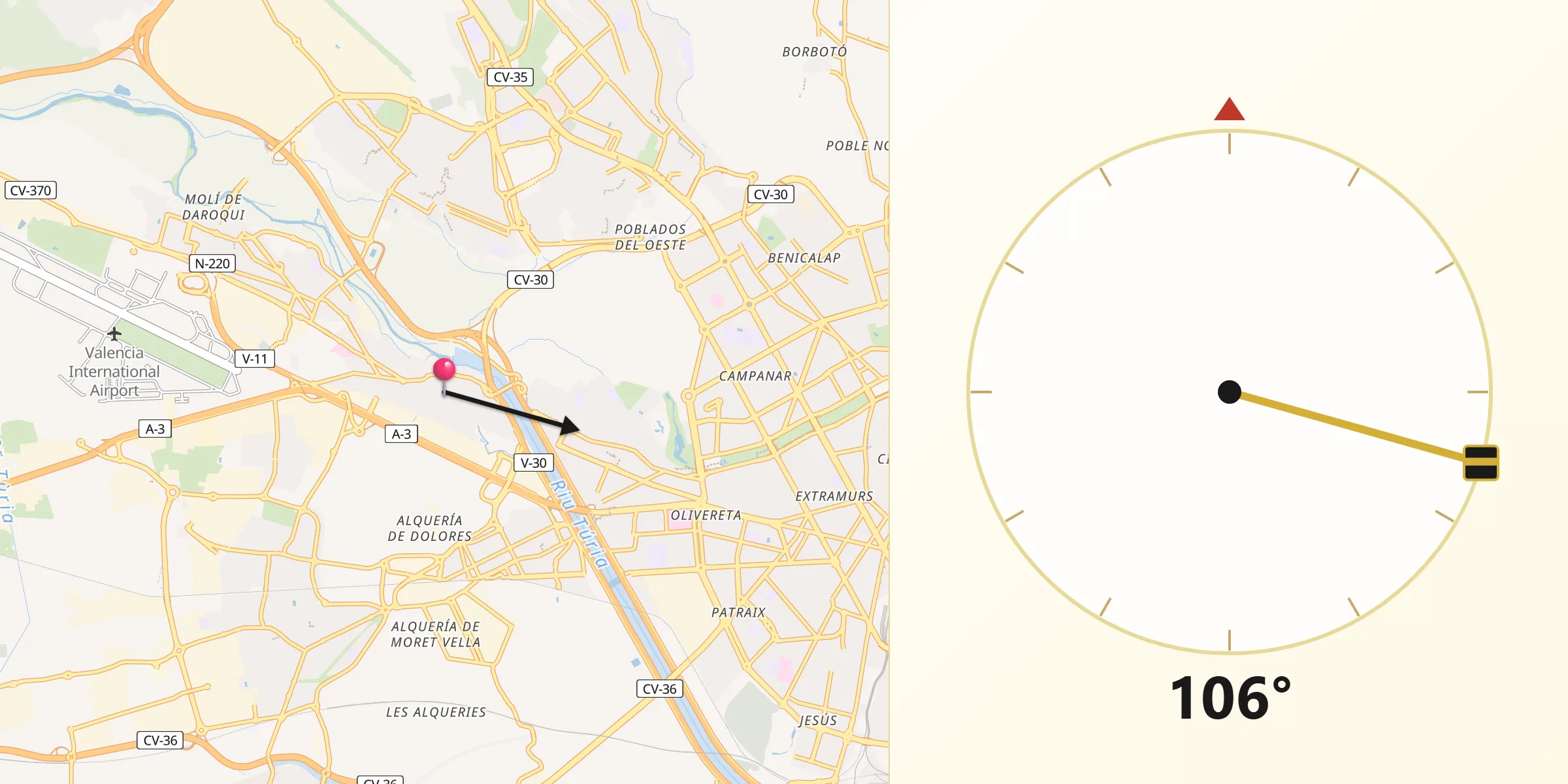 Dirección de la Qibla desde Cuart de Poblet