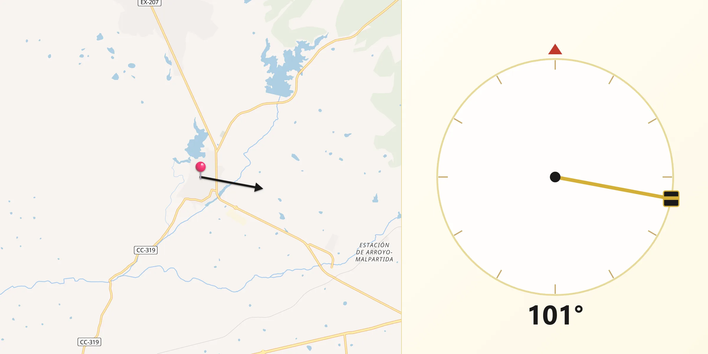 Dirección de la Qibla desde Arroyo de la Luz