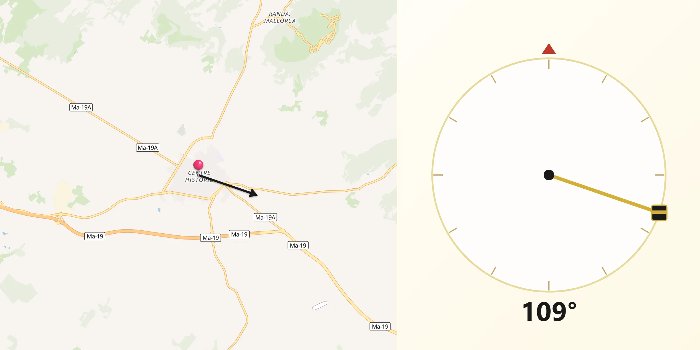 Dirección de la Qibla desde Llucmajor