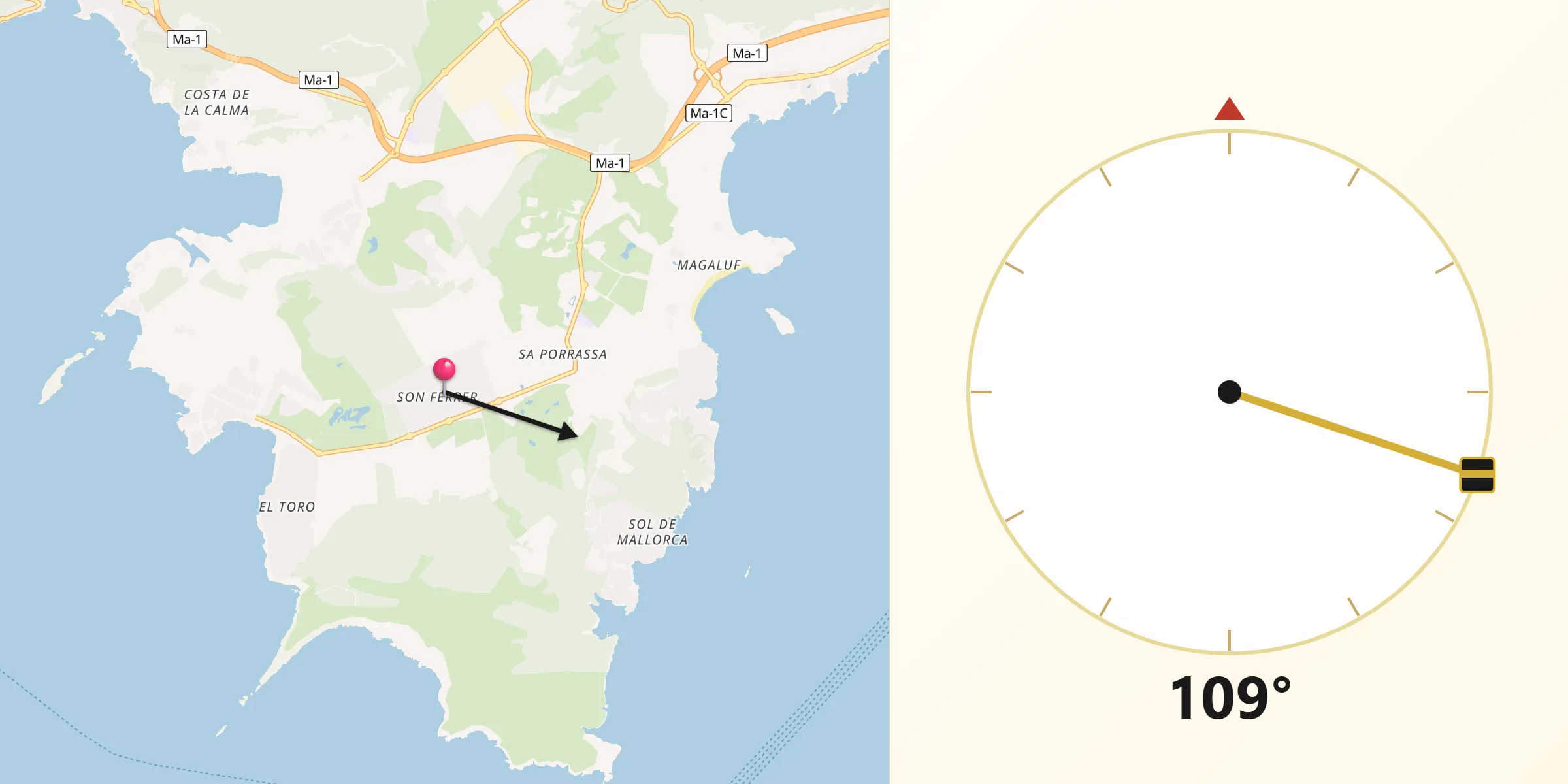 Dirección de la Qibla desde Son Ferrer