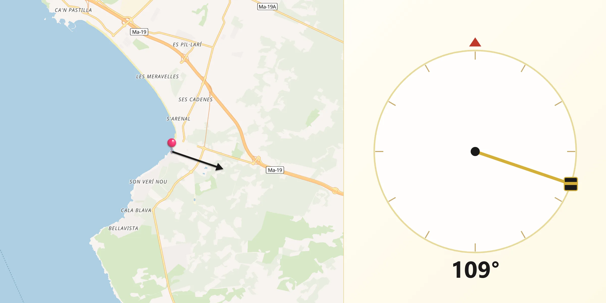 Dirección de la Qibla desde s'Arenal