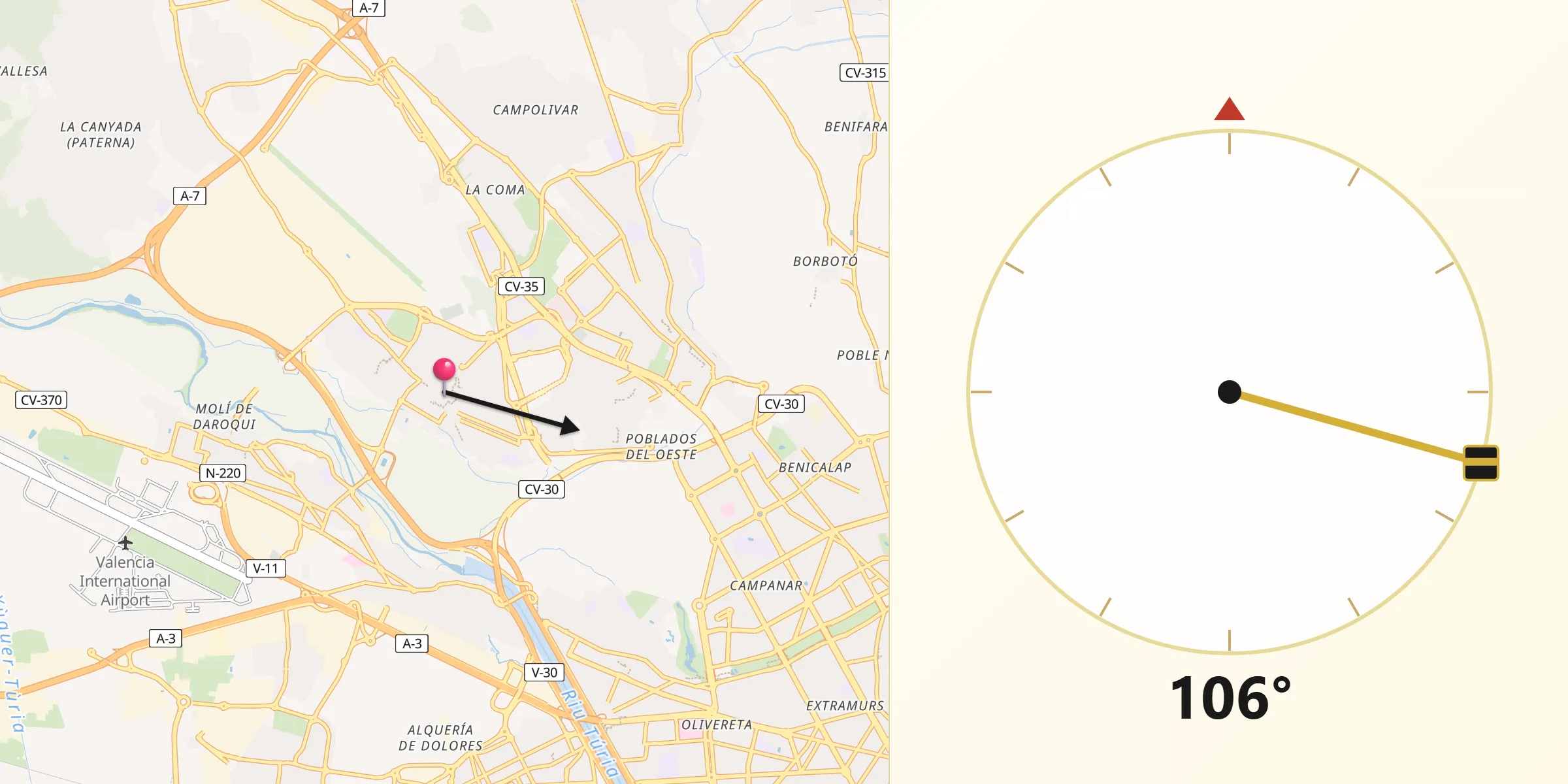 Dirección de la Qibla desde Paterna