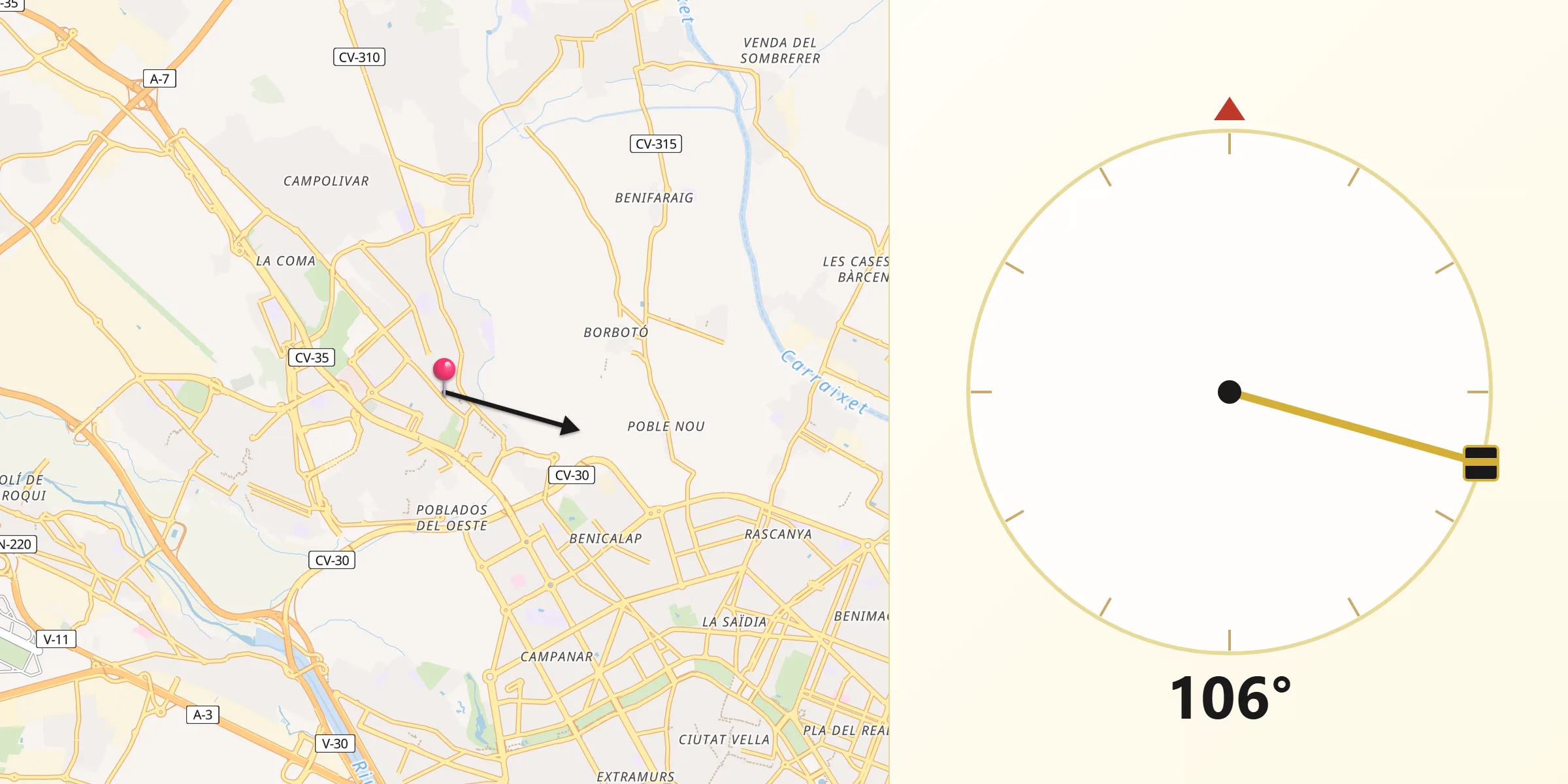 Dirección de la Qibla desde Burjassot