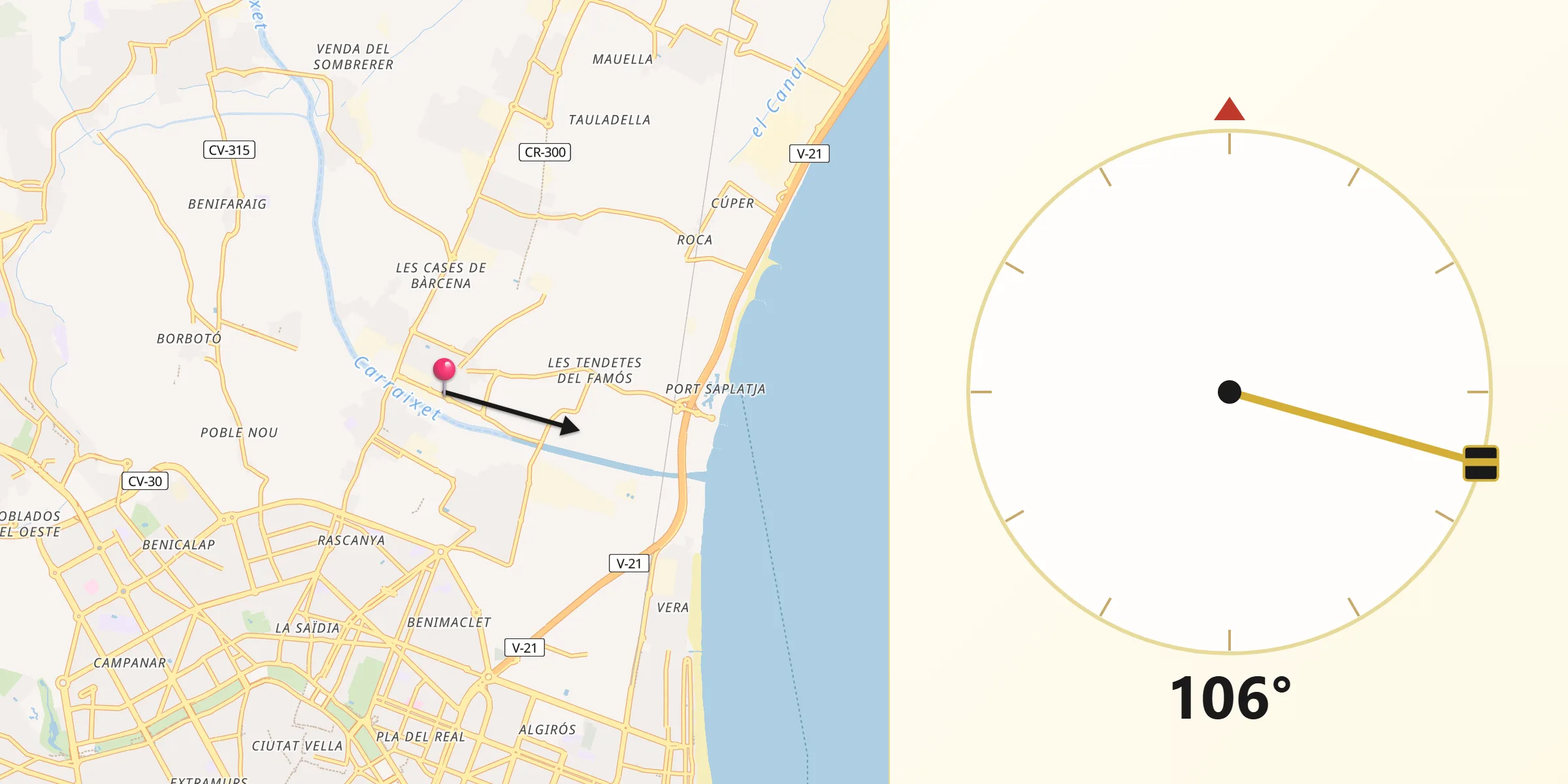 Dirección de la Qibla desde Almàssera
