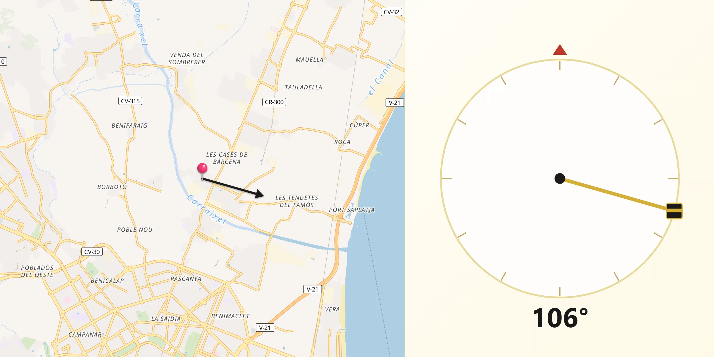 Dirección de la Qibla desde Bonrepòs i Mirambell