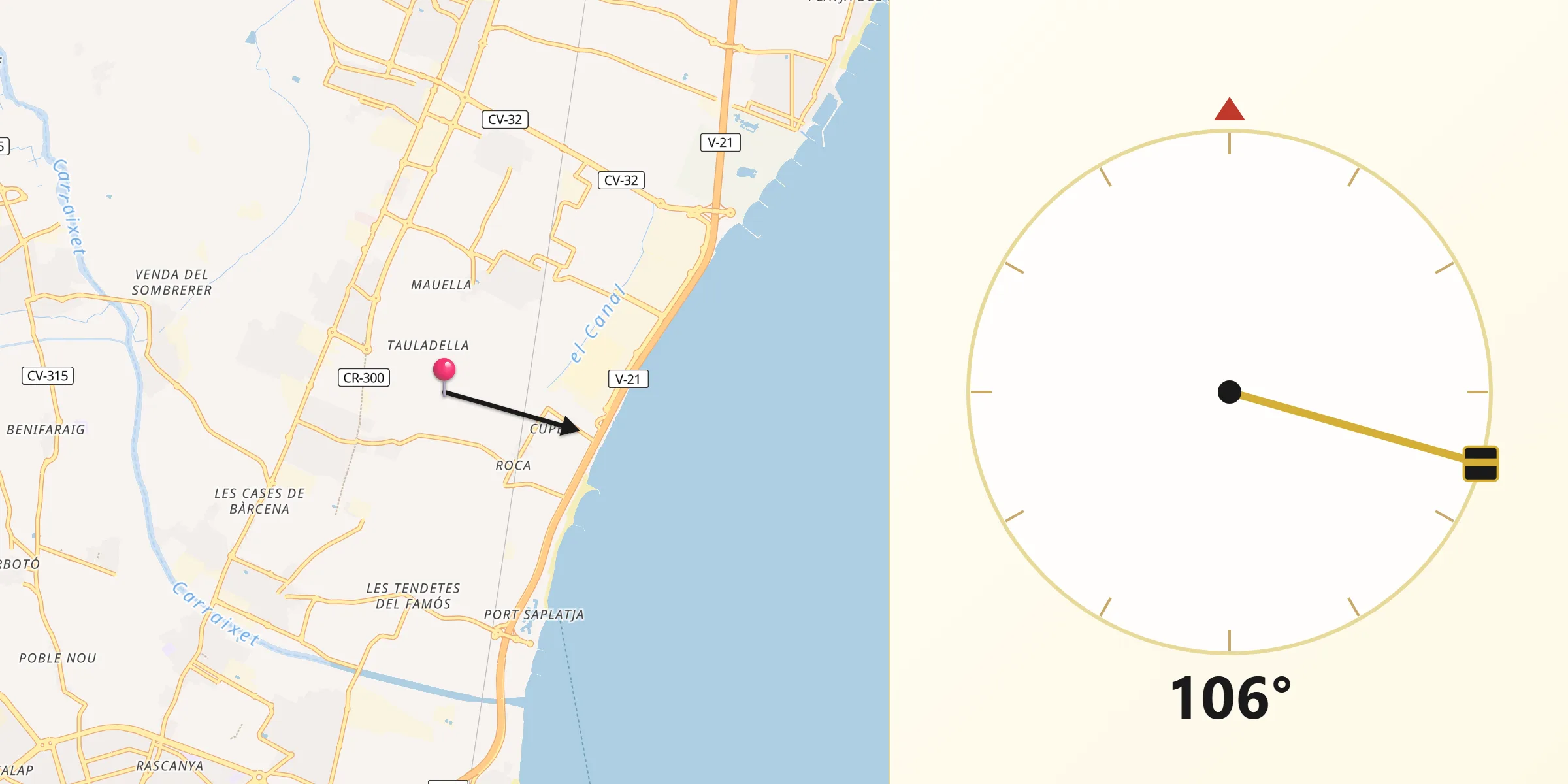 Dirección de la Qibla desde Meliana
